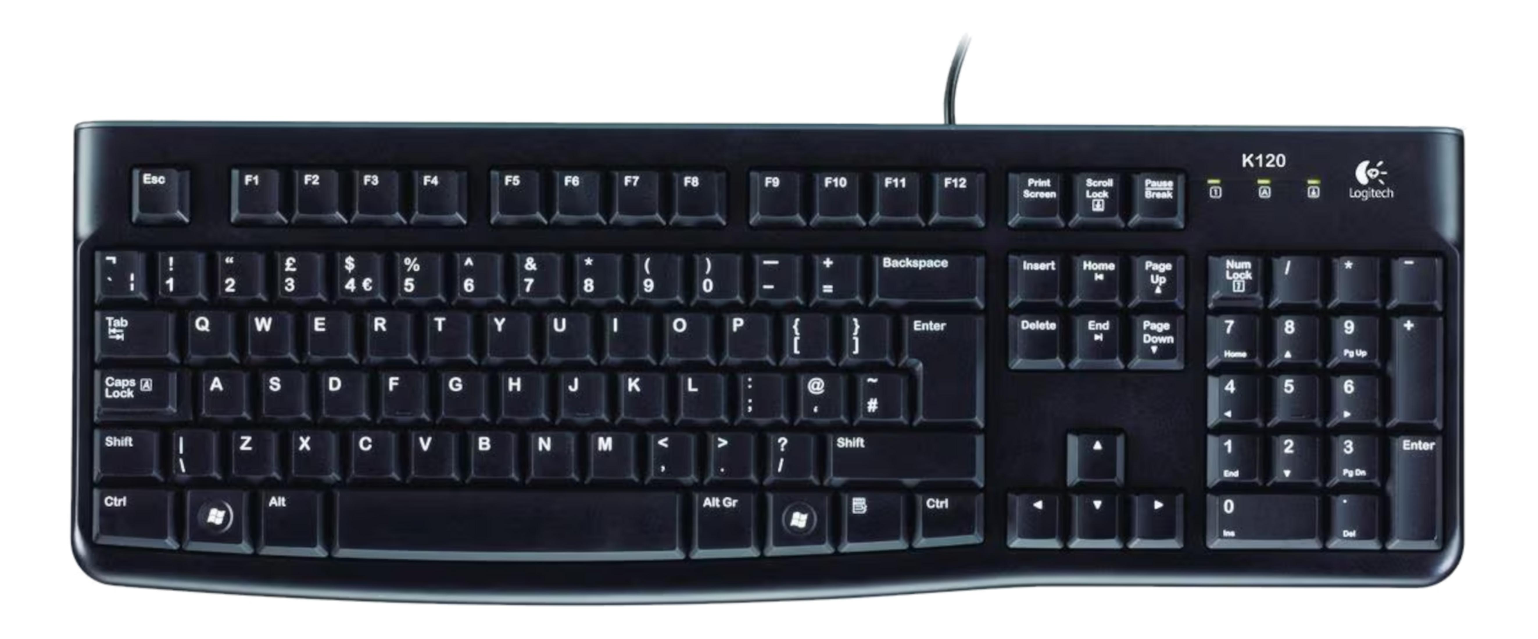 Czarna klawiatura Logitech K120 ze standardowym układem i klawiaturą numeryczną.