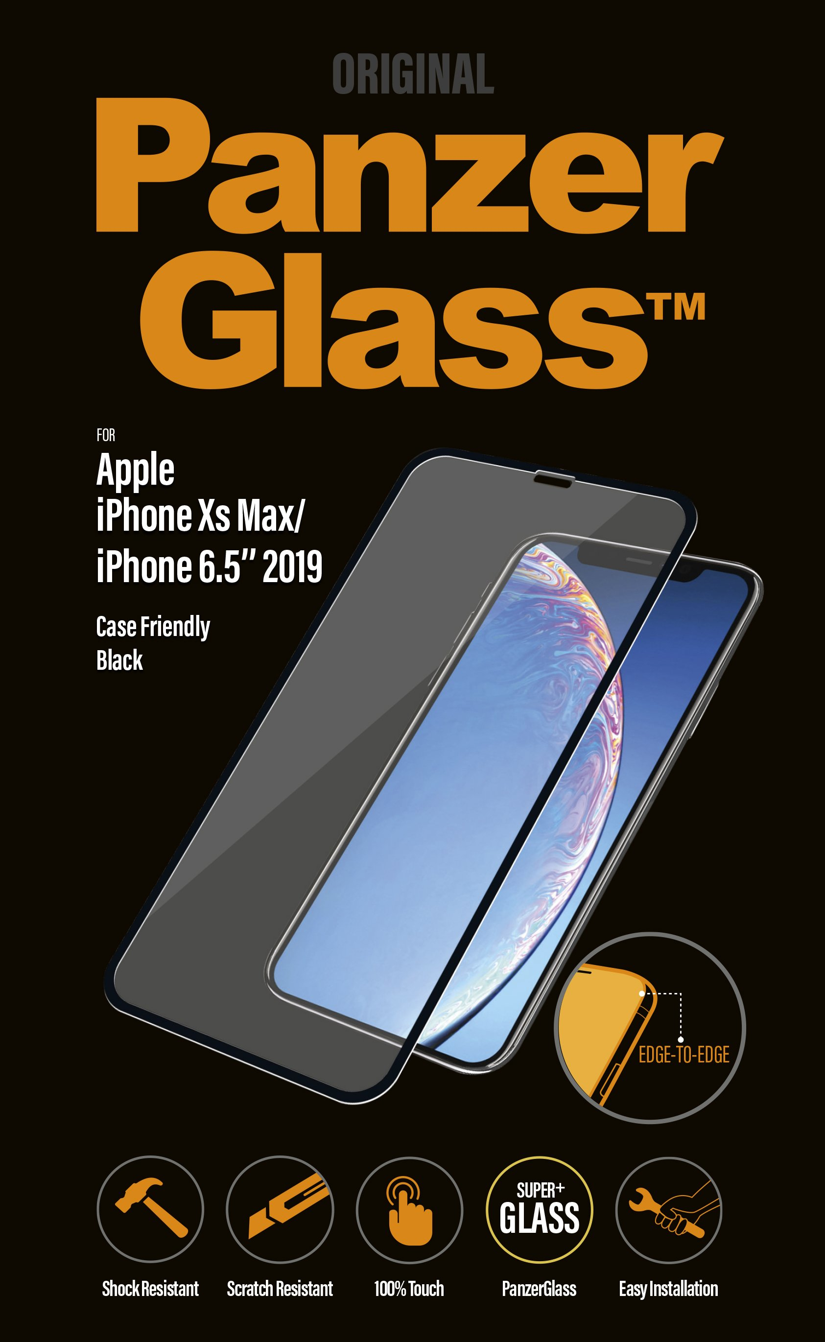 PanzerGlass screenprotector voor iPhone Xs Max. Schokbestendig, krasbestendig, 100% touch.