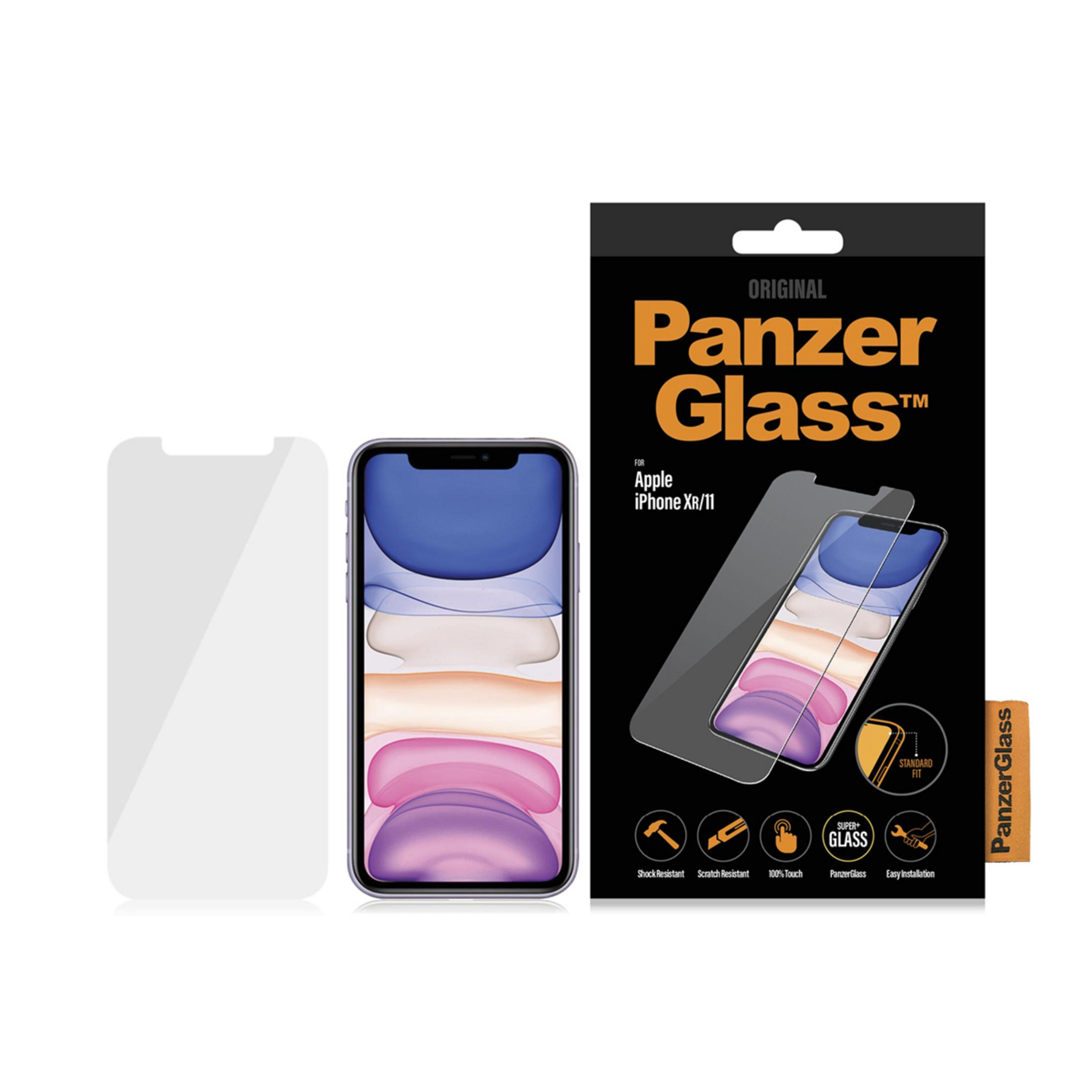 PanzerGlass screenprotector verpakking voor iPhone XR/11, toont telefoon en functies.