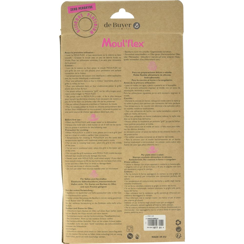 Verpackung mit Anleitungen für ein Moul'flex Silikonbackform von de Buyer.