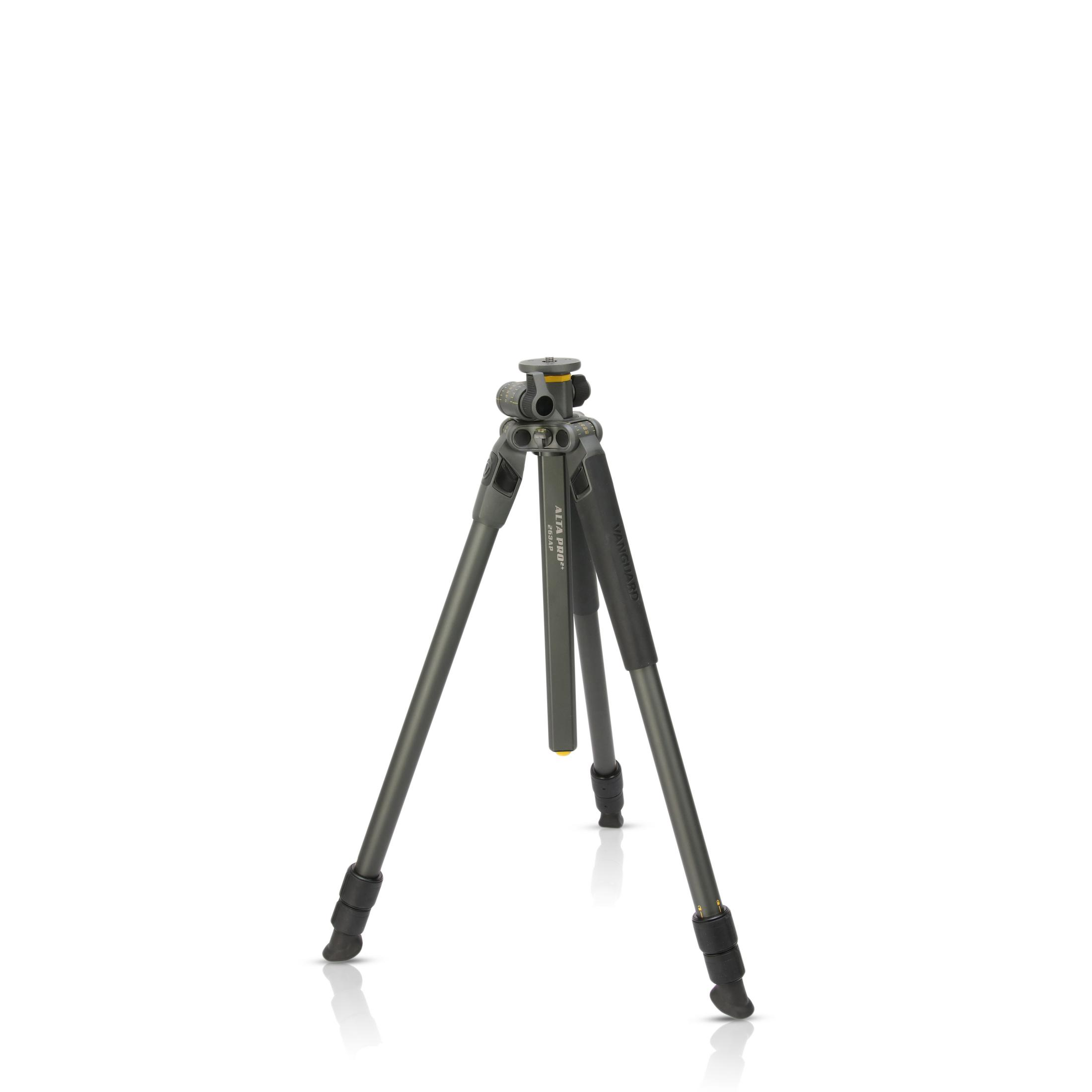 Szary aluminiowy statyw z czarnymi stopkami i żółtymi akcentami.