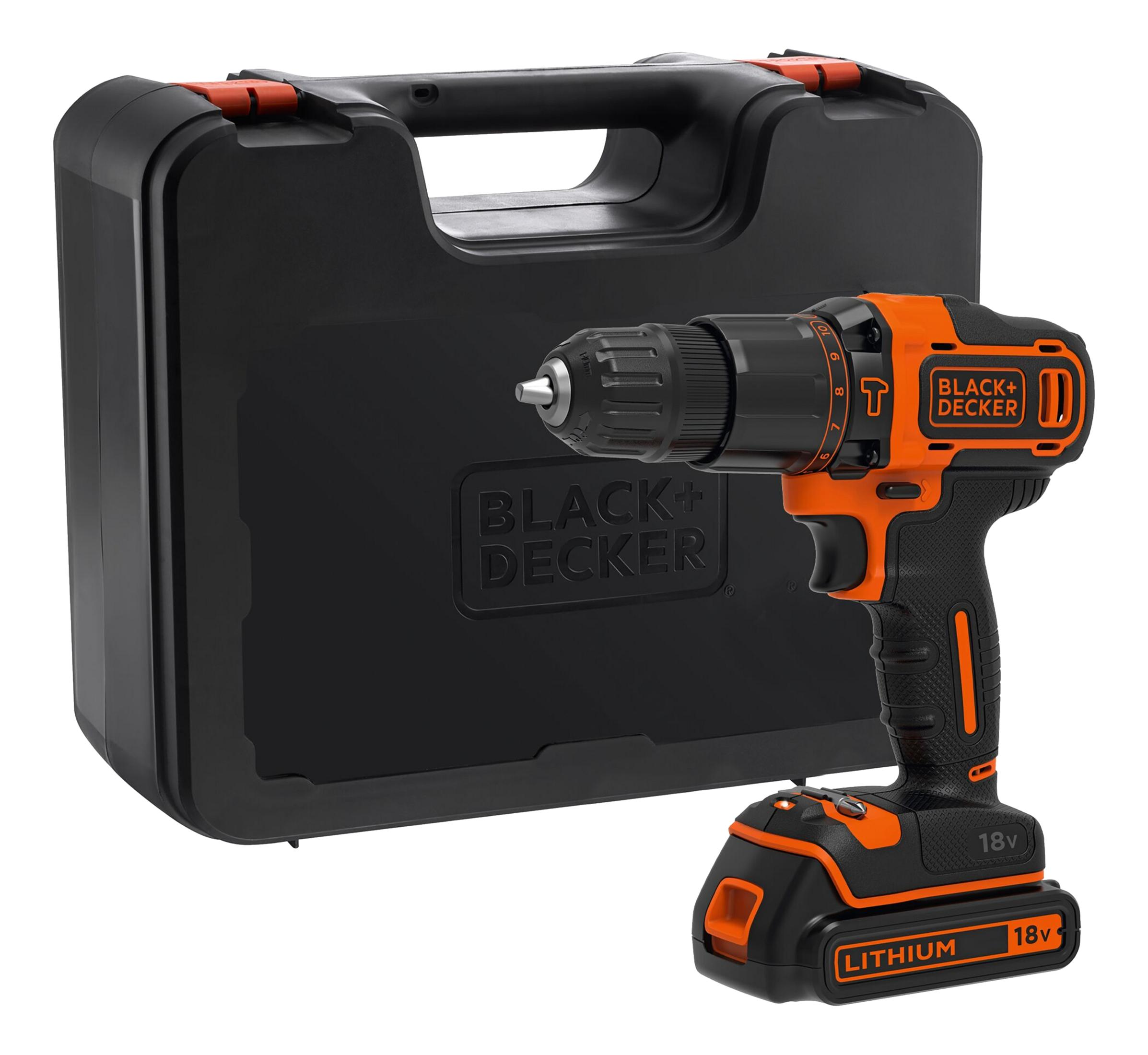 Czarna walizka z pomarańczowo-czarną wiertarką obok.