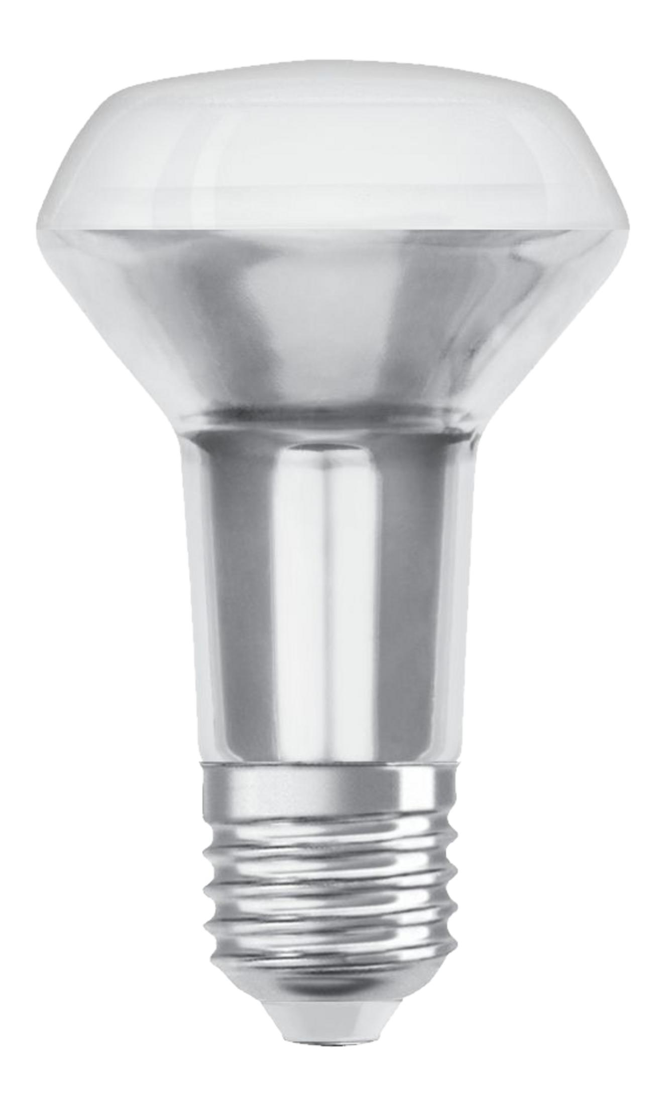 Srebrna żarówka z szeroką, białą głowicą i gwintem.