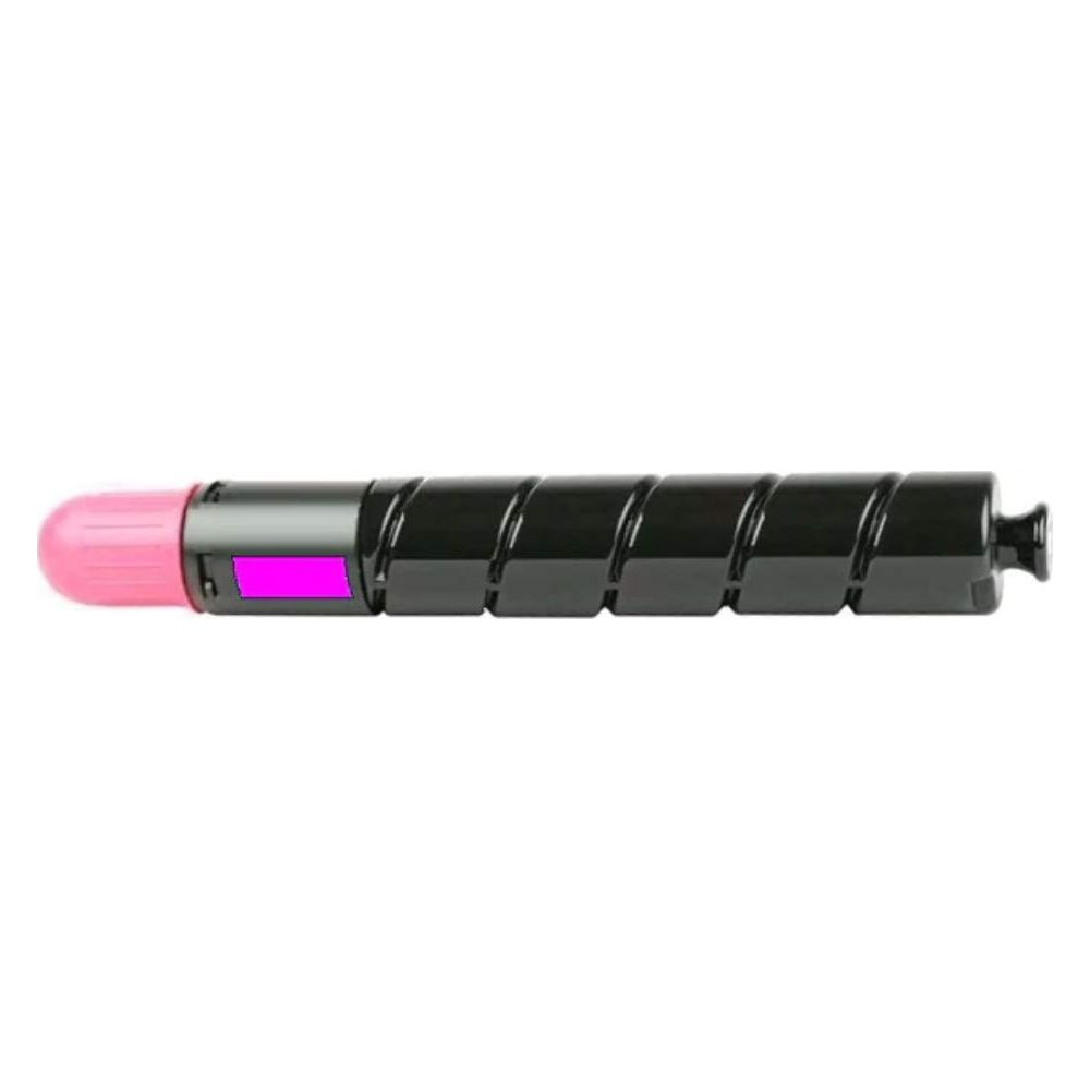 Zwarte toner cartridge cilinder met roze dop en paars etiket.