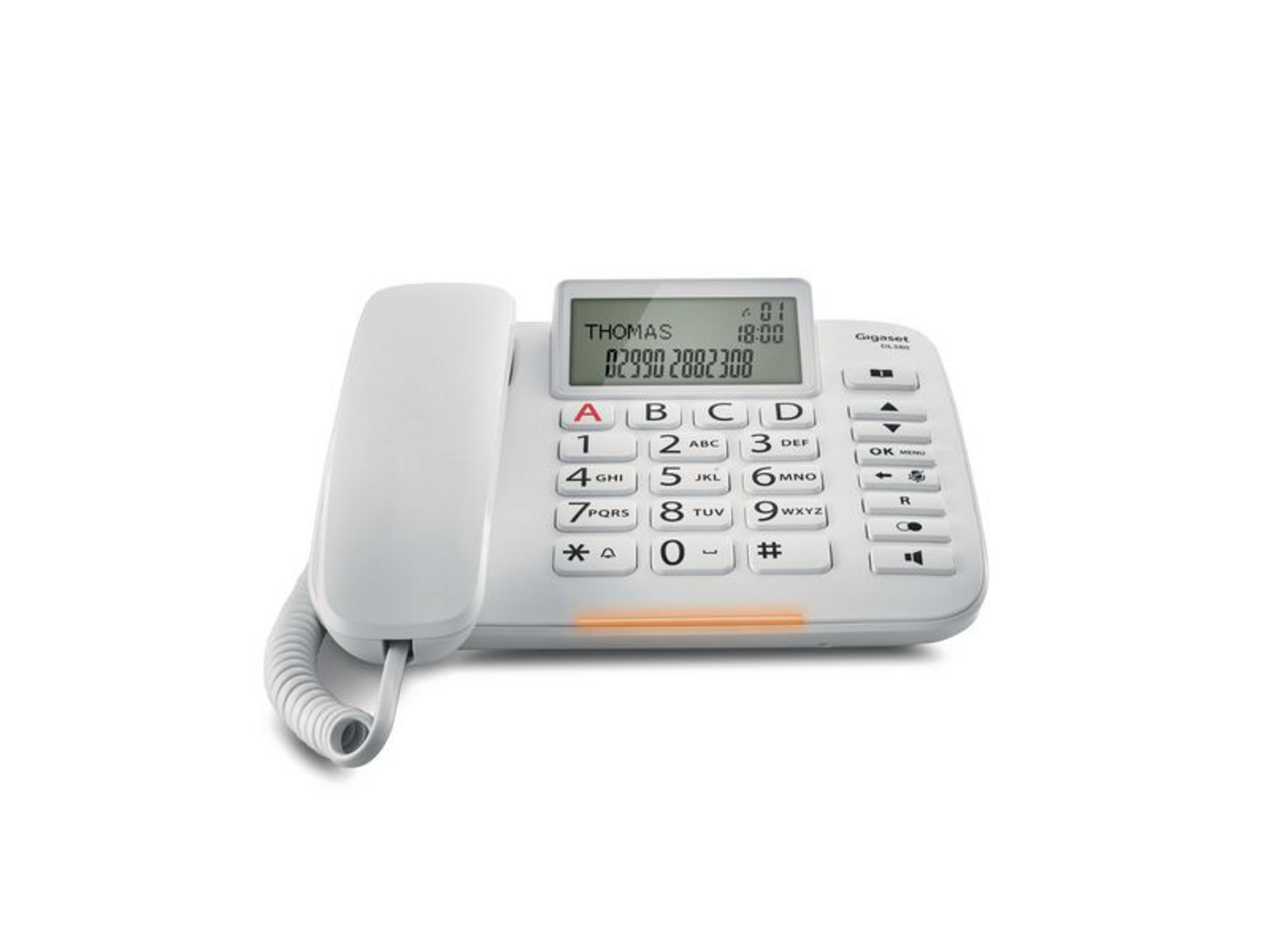 Un telefono fisso bianco con display, tastiera e cornetta.