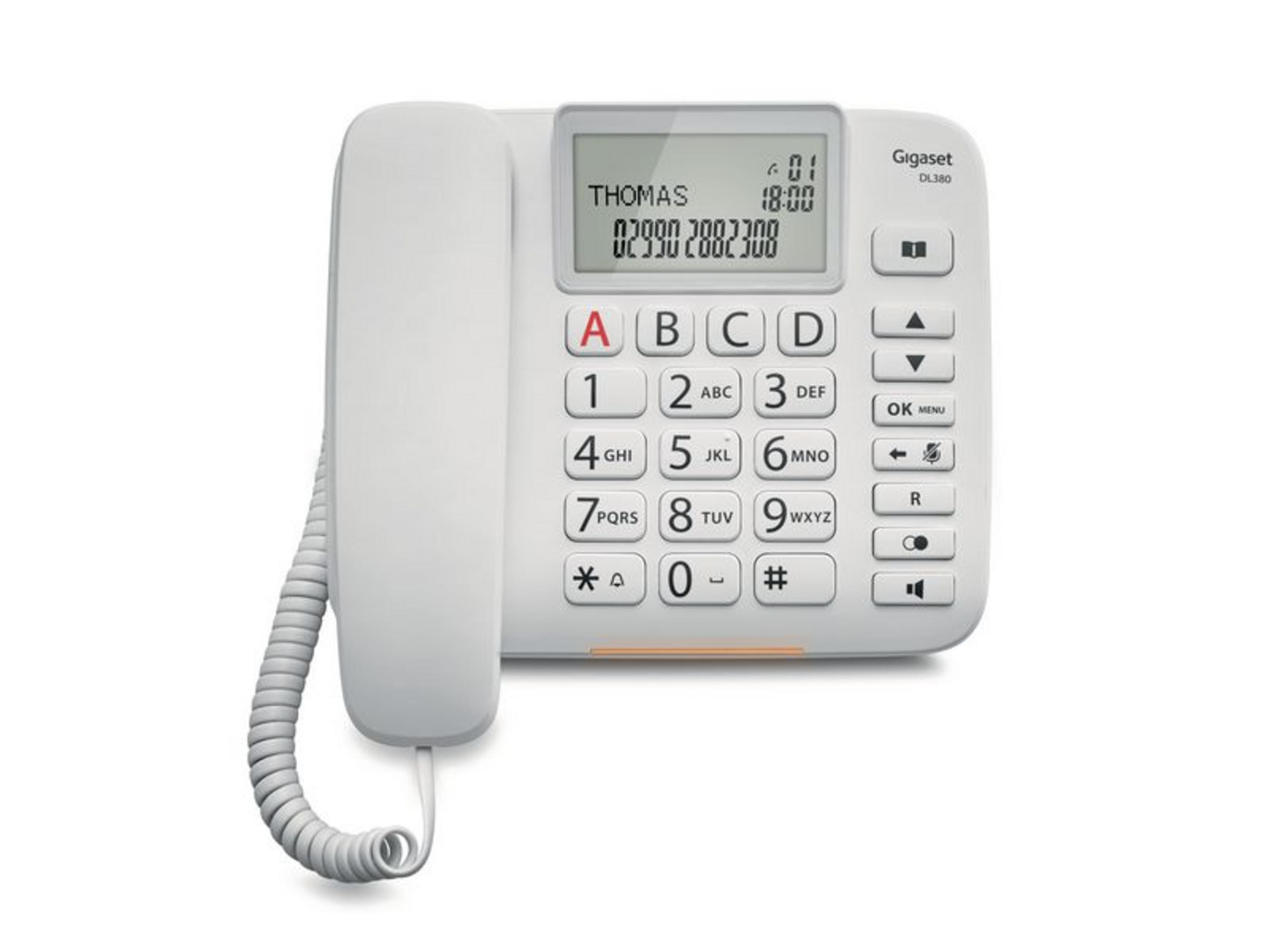 Un telefono cordless bianco Gigaset DL380 con display, tastiera e cornetta.