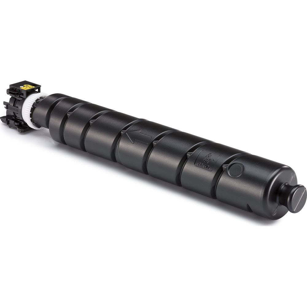 Czarny bębenek tonera z żółtym złączem i białym kołem.