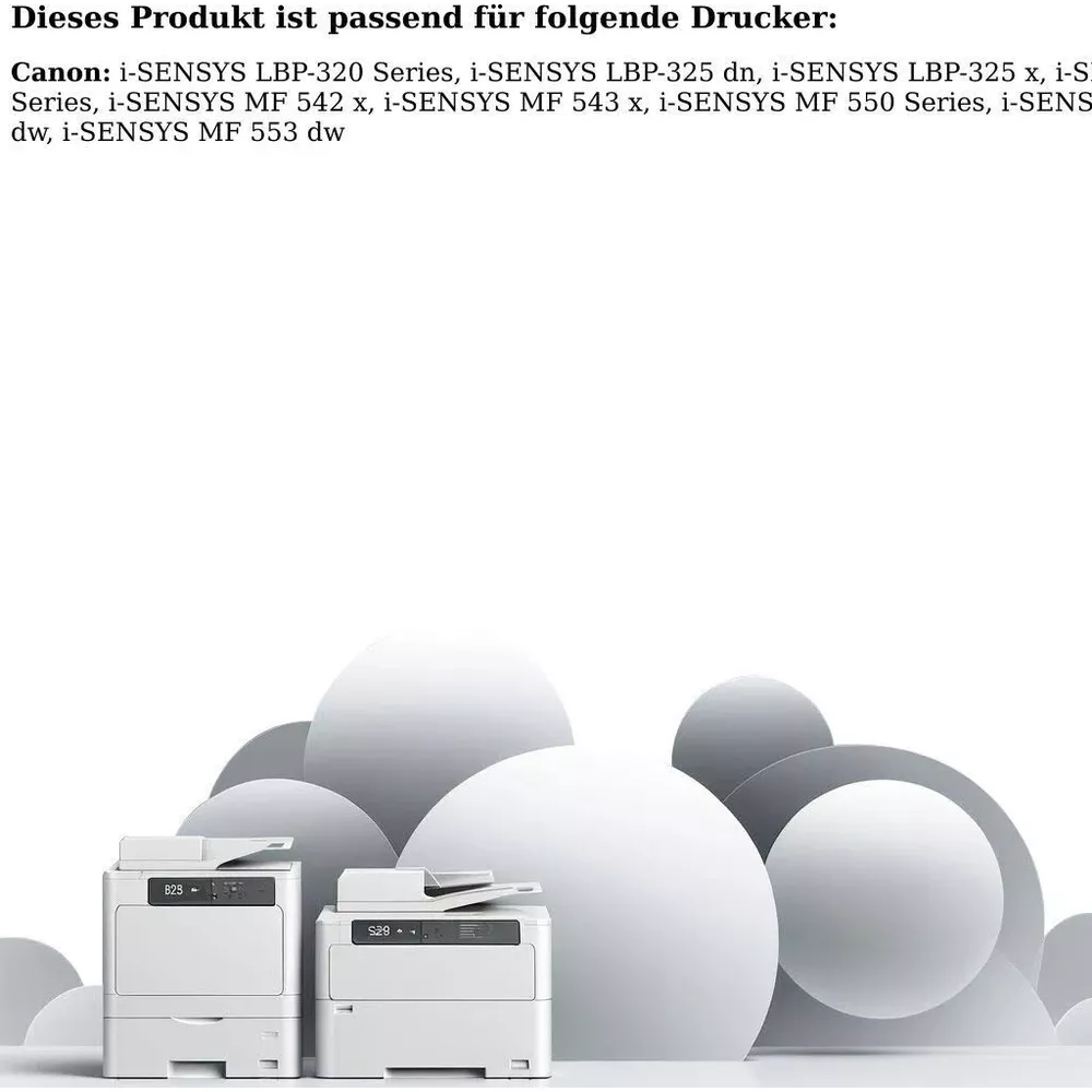 Dwa białe drukarki Canon stoją przed abstrakcyjnymi białymi i szarymi kulami.