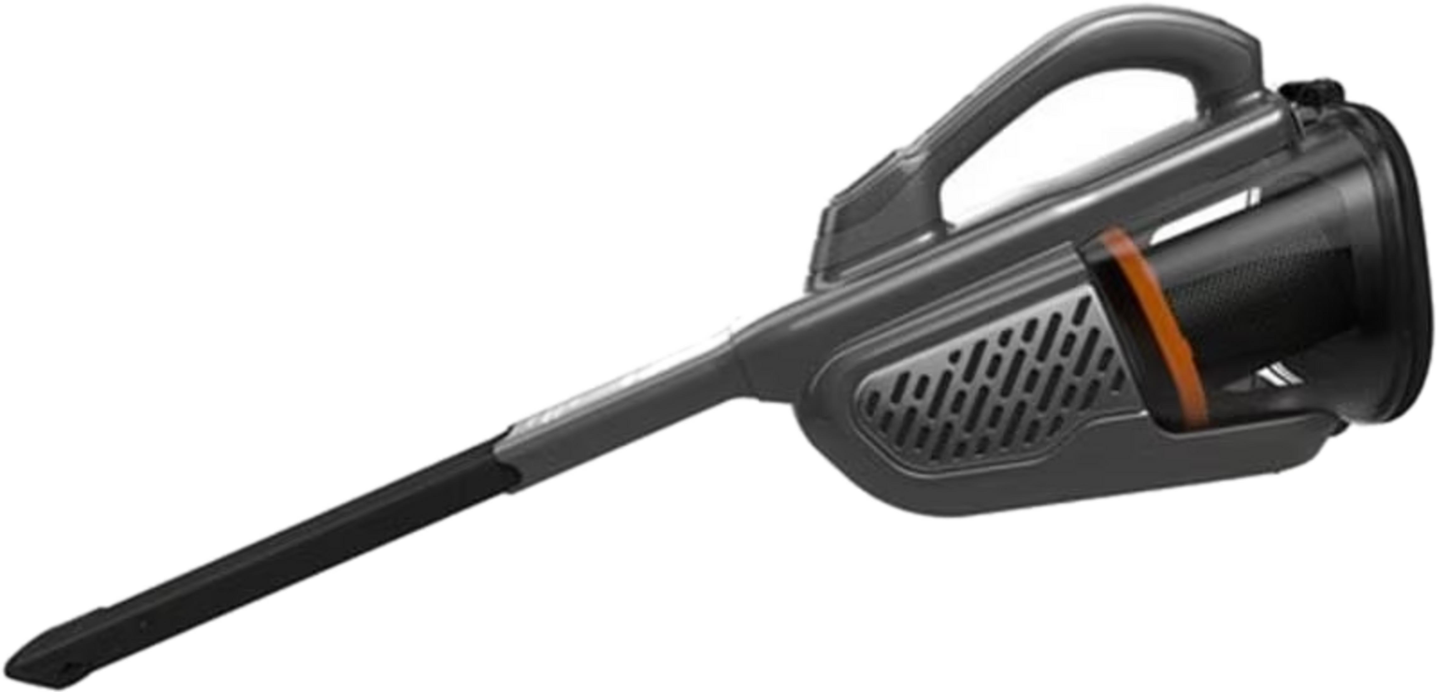 Ciemnoszary odkurzacz ręczny z pomarańczowymi akcentami na białym tle.