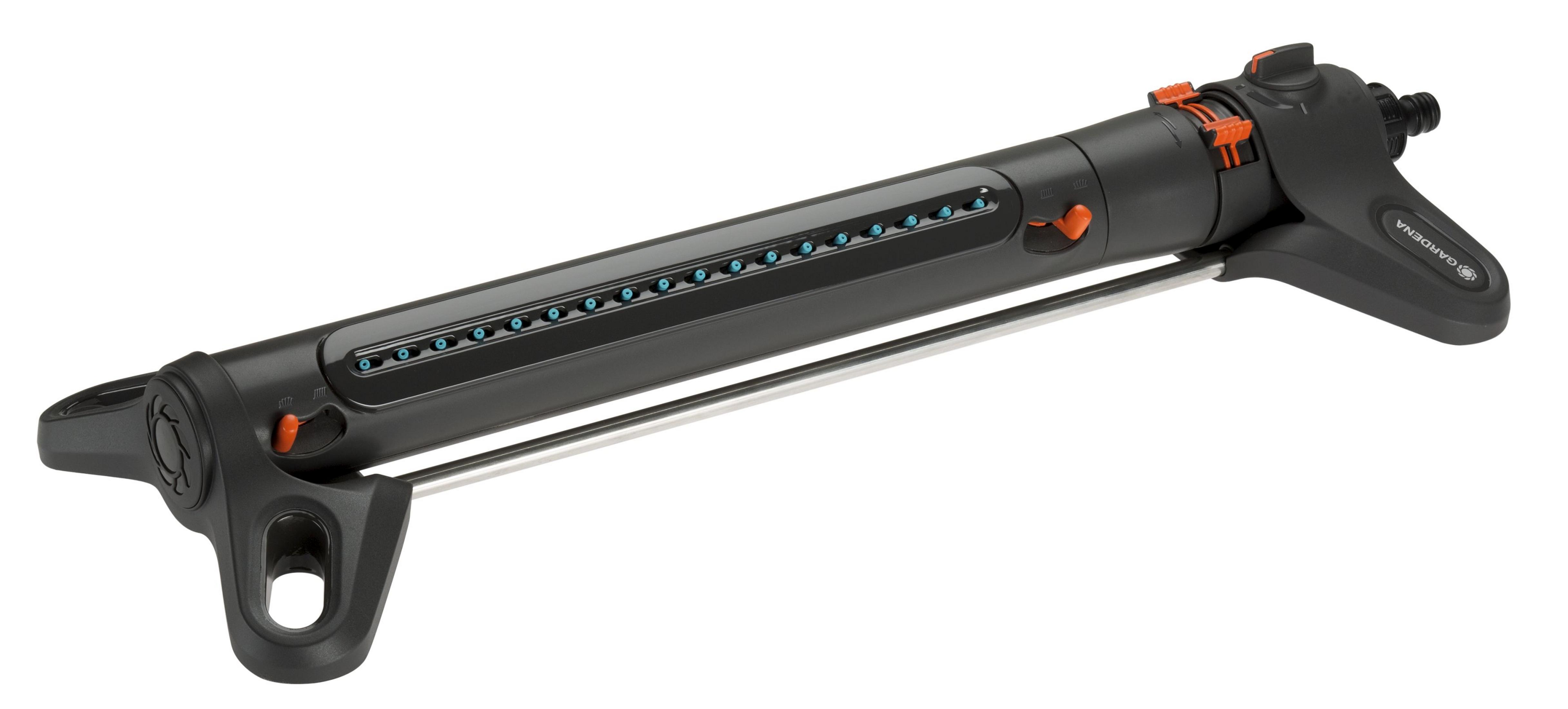 Irrigatore da prato nero con molti piccoli ugelli blu ed elementi di controllo arancioni.