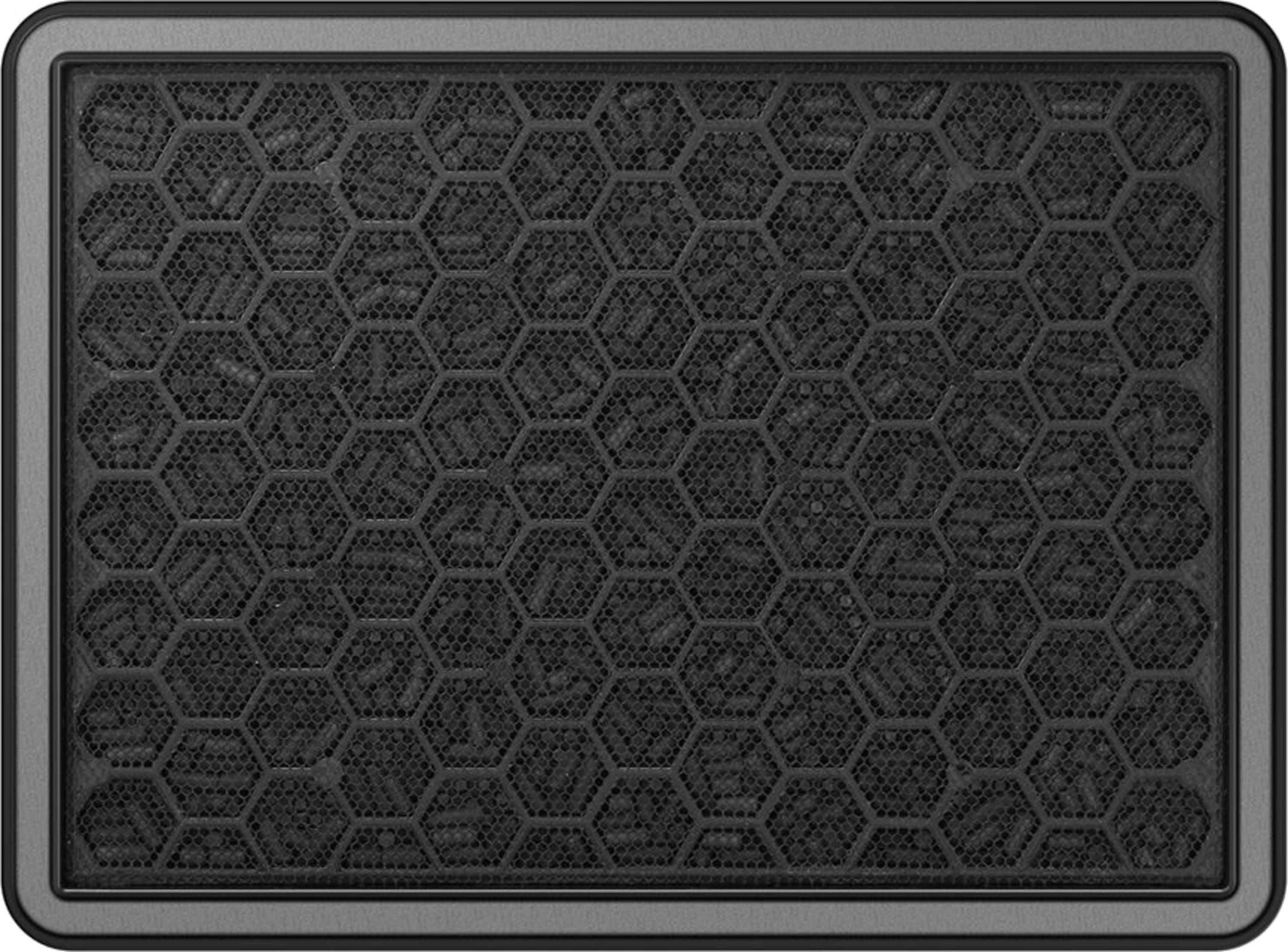 Czarny filtr z sześciokątnym wzorem na szarym tle.