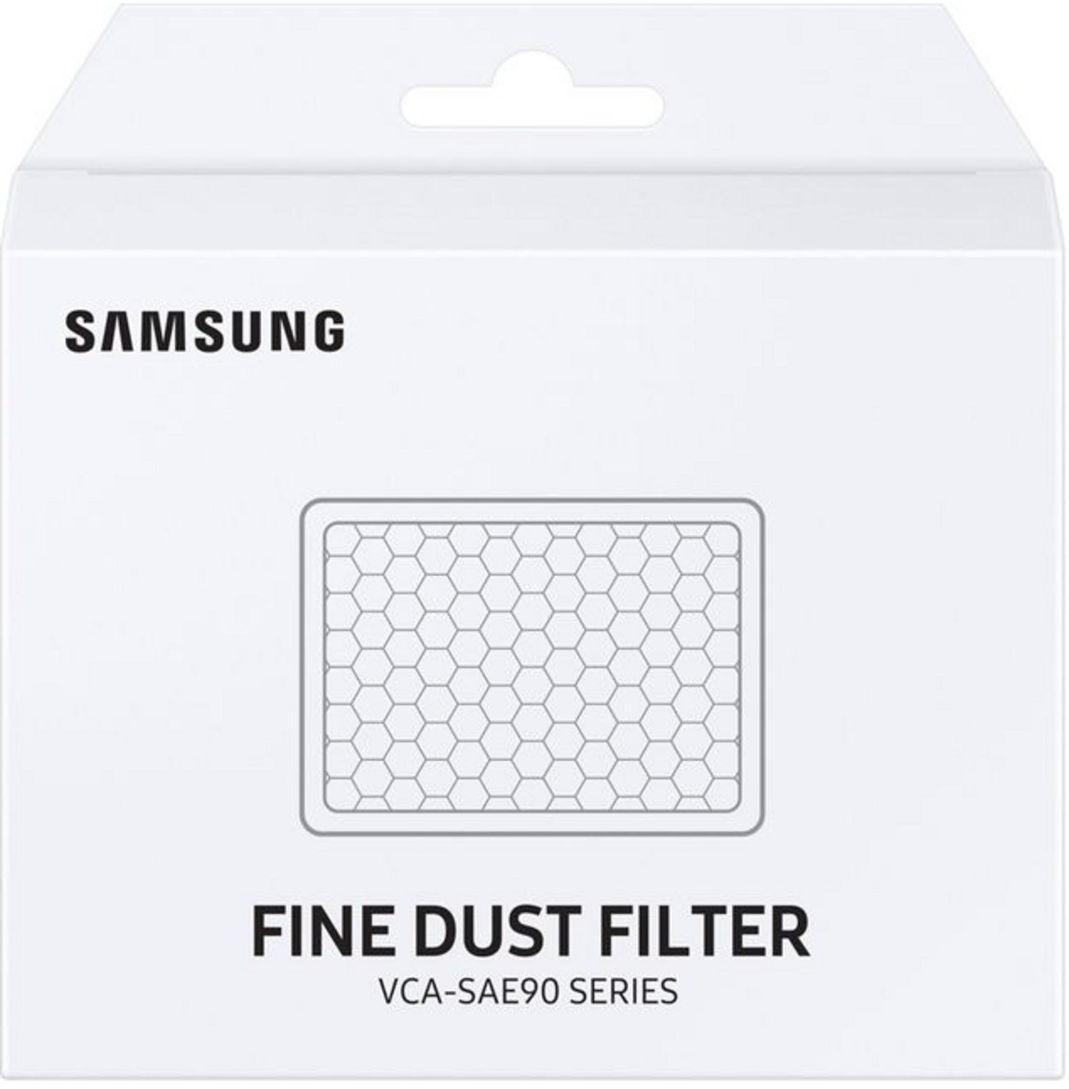 Białe pudełko Samsung z napisem „Filtr drobnego pyłu” i wzorem plastra miodu.