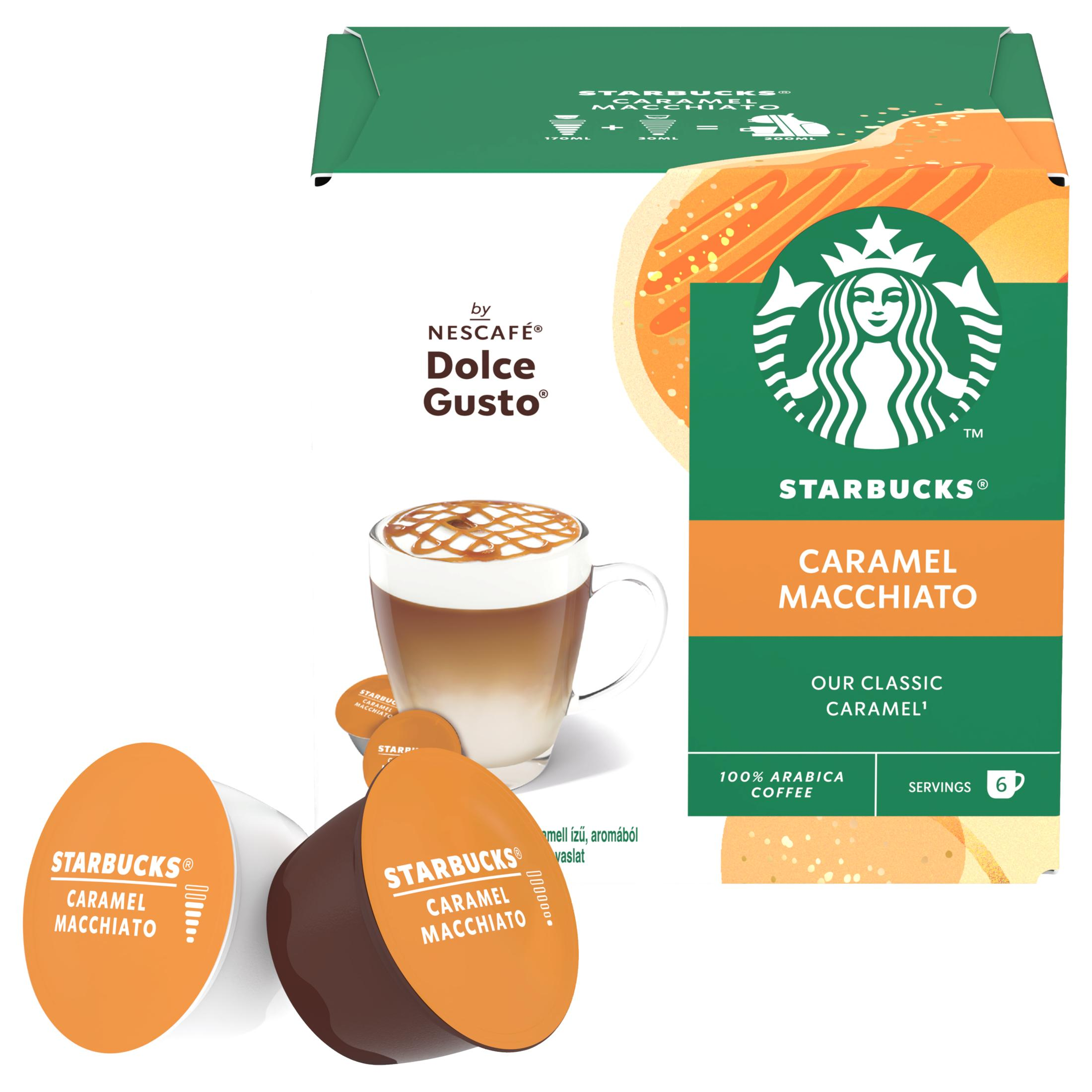 Capsule Starbucks Caramel Macchiato e un bicchiere di caffè caramellato.