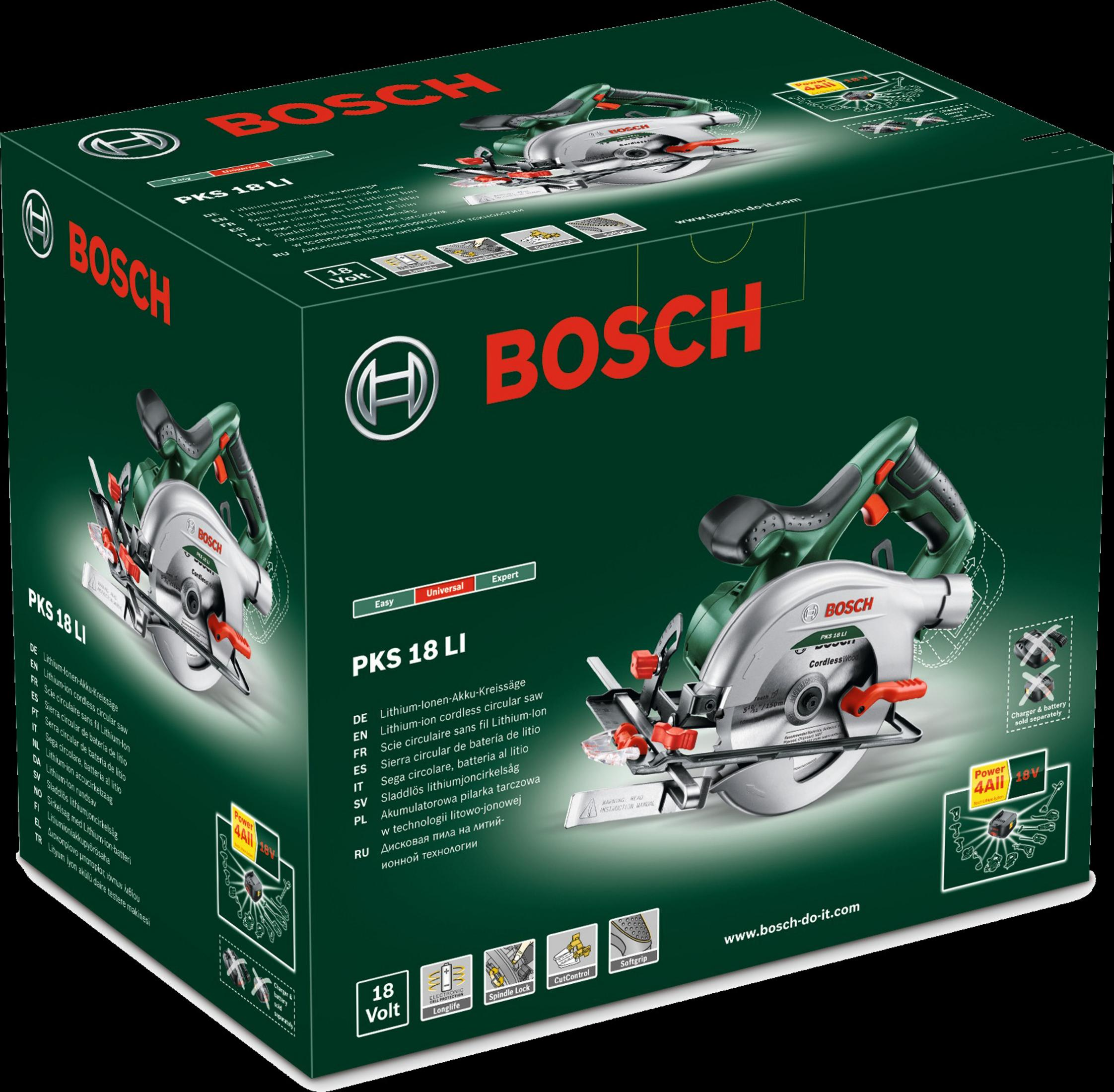 Opakowanie pilarki tarczowej Bosch PKS 18 LI z ikonami akcesoriów.