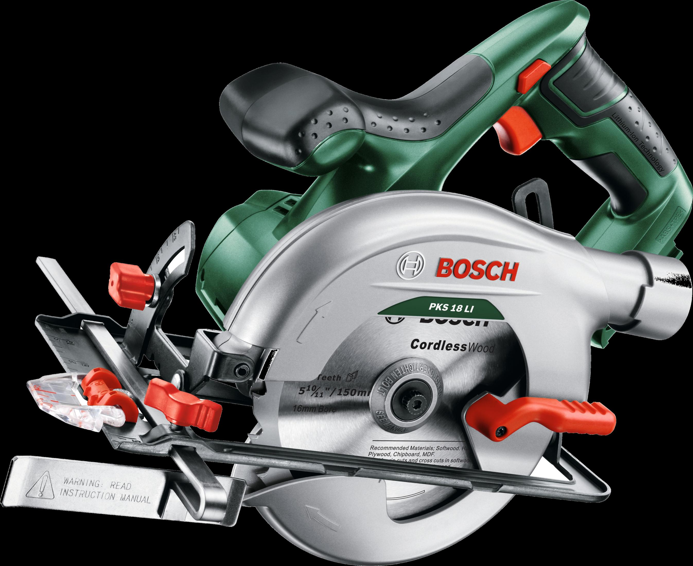 Zielona akumulatorowa piła tarczowa Bosch ze srebrną osłoną i czerwonym uchwytem.