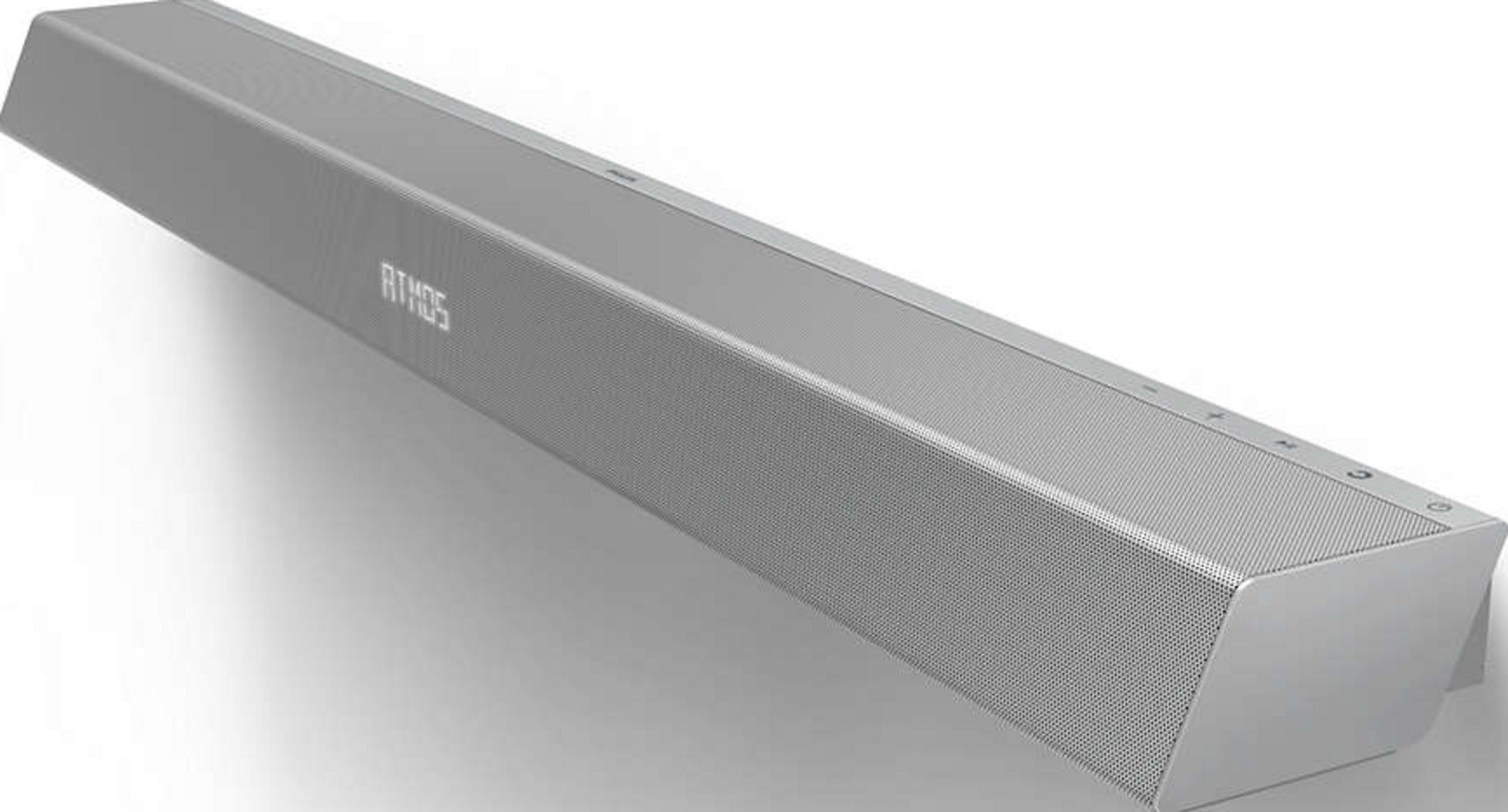 Srebrna listwa dźwiękowa z perforowanym frontem i wyświetlaczem 'ATMOS'.