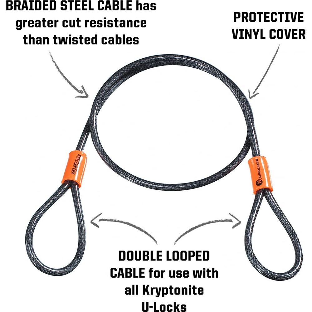 Geflochtenes Stahlkabel mit orangefarbenen Endkappen für Kryptonite U-Schlösser.