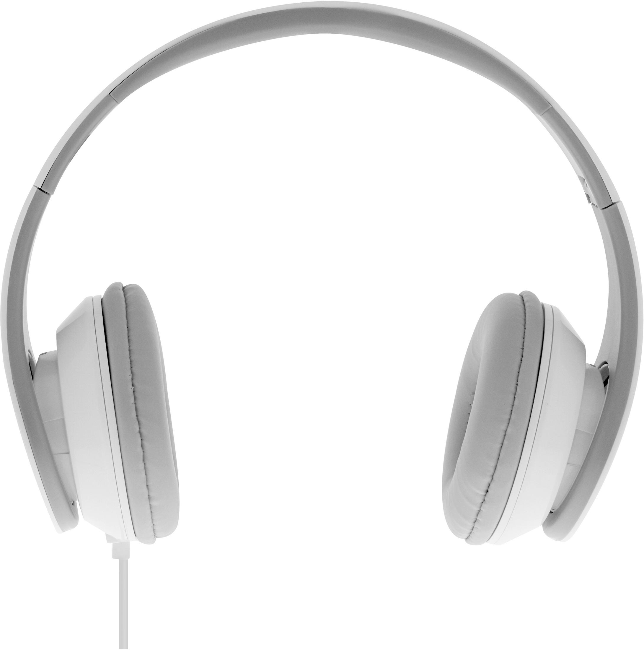 Casque blanc avec oreillettes rembourrées et arceau flexible. Isolé sur blanc.