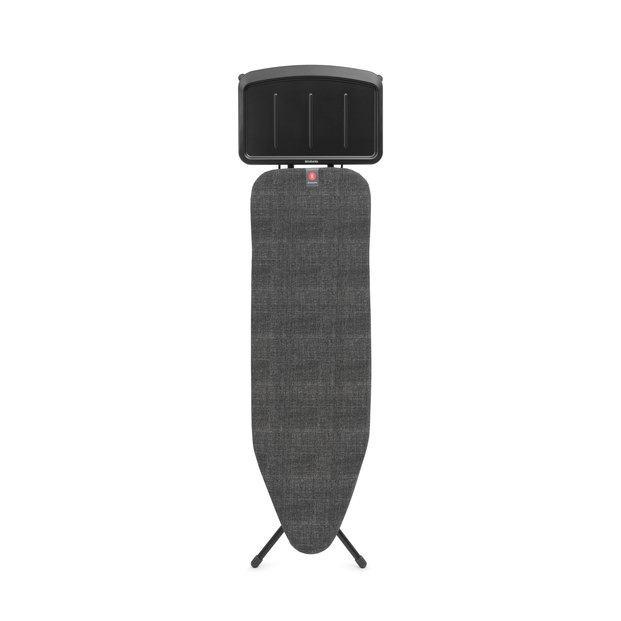 A grey ironing board with a black shelf against a white background.