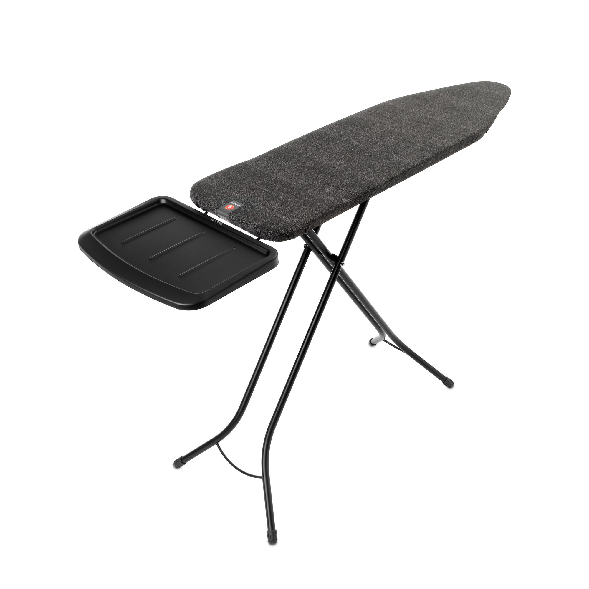 A grey ironing board with a black tray on a foldable metal frame.