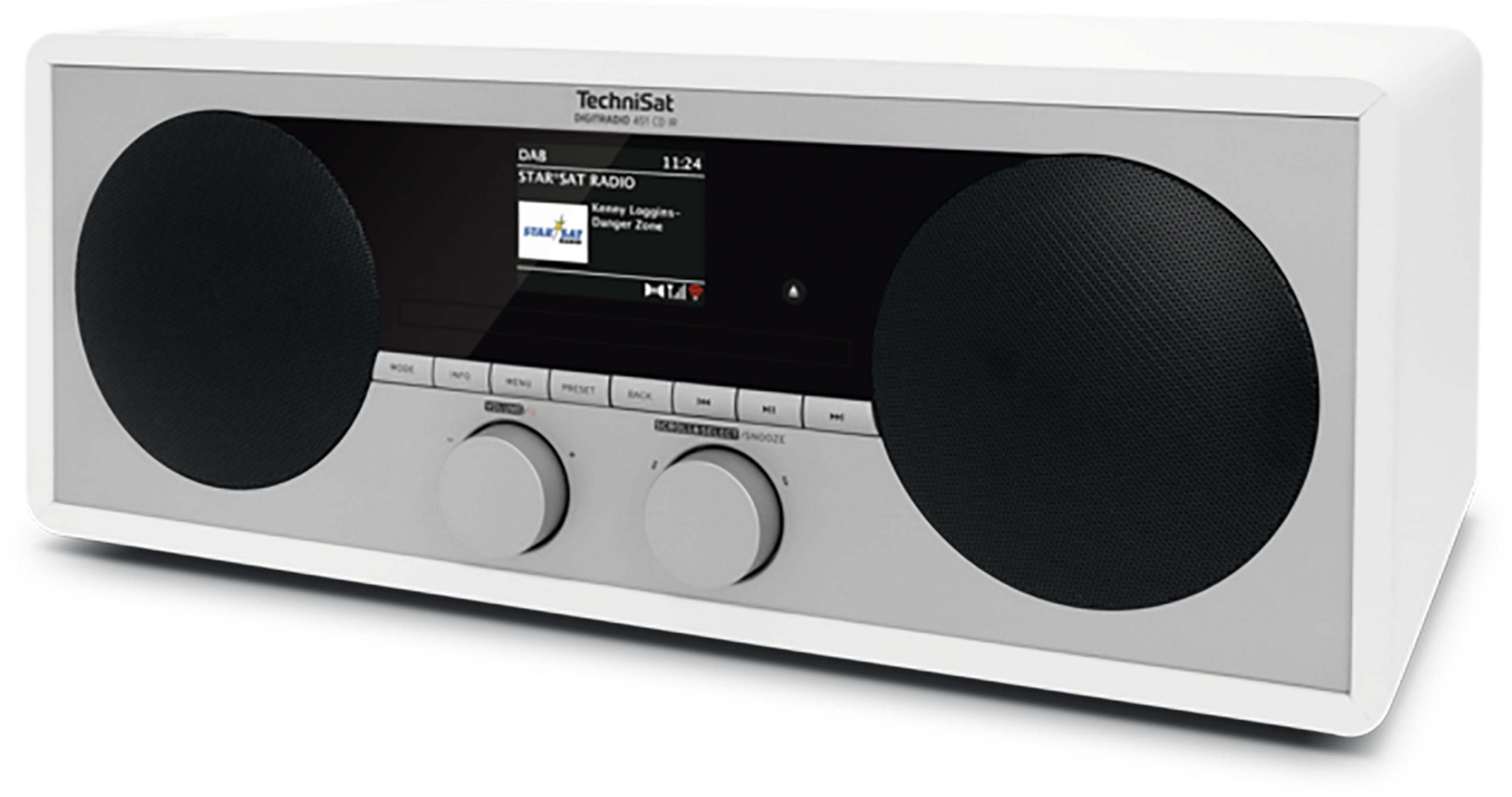 Una radio digitale TechniSat bianca con due altoparlanti neri e un display.