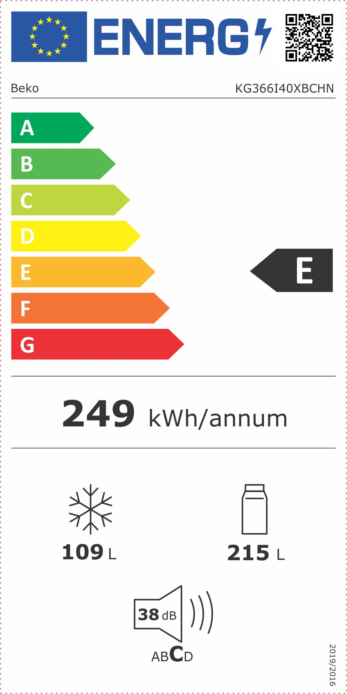 Etichetta energetica Beko KG366140XBCHN. Classe E. 249 kWh/anno.