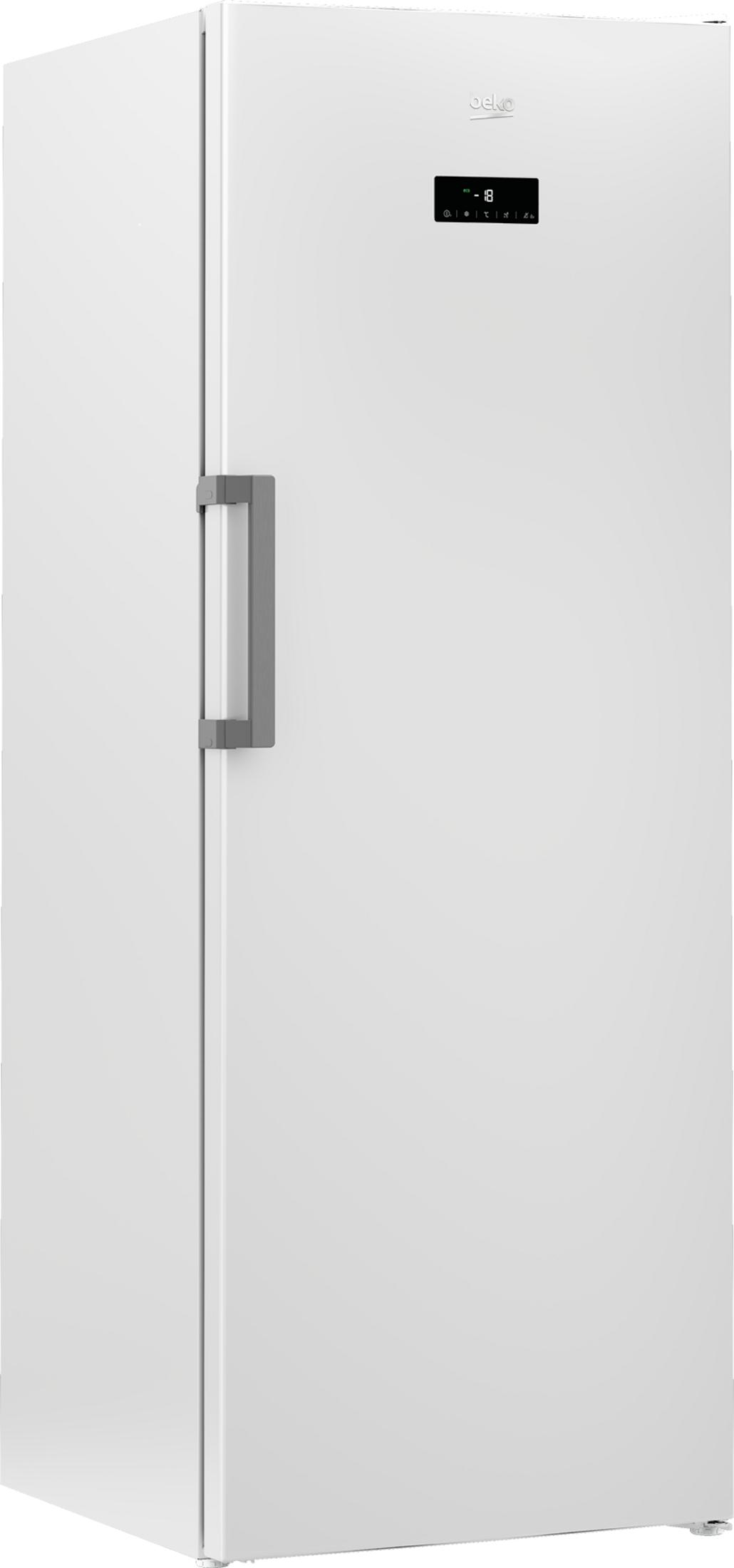 Een witte koelkast met een zilveren handvat en een zwart digitaal display.
