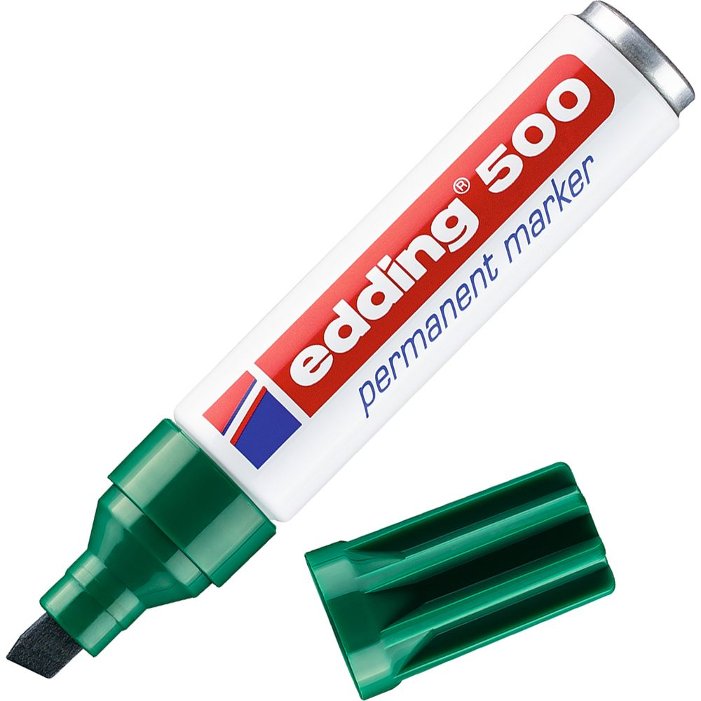 Un rotulador permanente Edding 500 verde con la tapa quitada, mostrando la punta.
