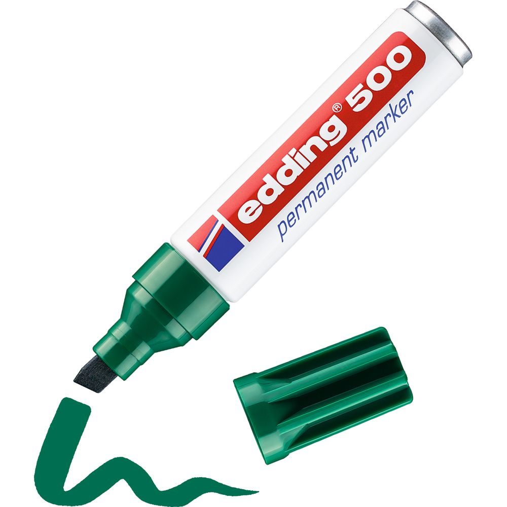 Un rotulador permanente Edding 500 verde con su capuchón y una línea verde.