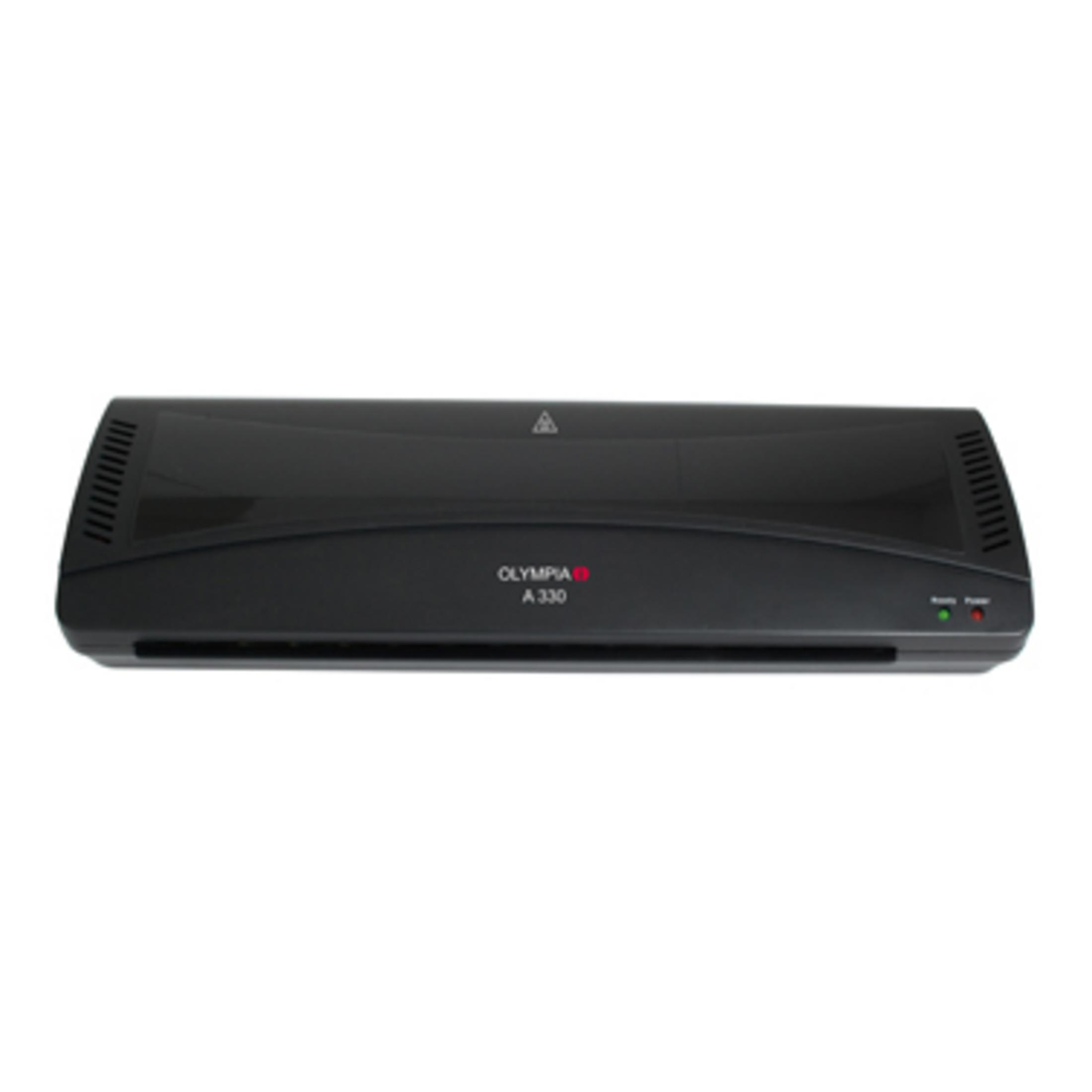 Schwarzer Olympia A330 Laminator mit Lüftungsschlitzen und Kontrollleuchten.