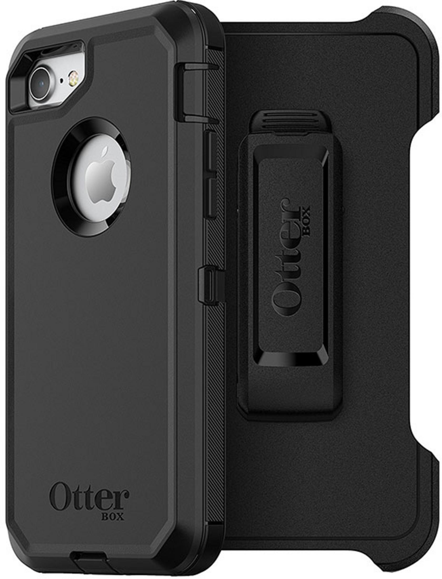 Schwarzes Otterbox-Gehäuse für iPhone mit Gürtelclip auf der Rückseite.