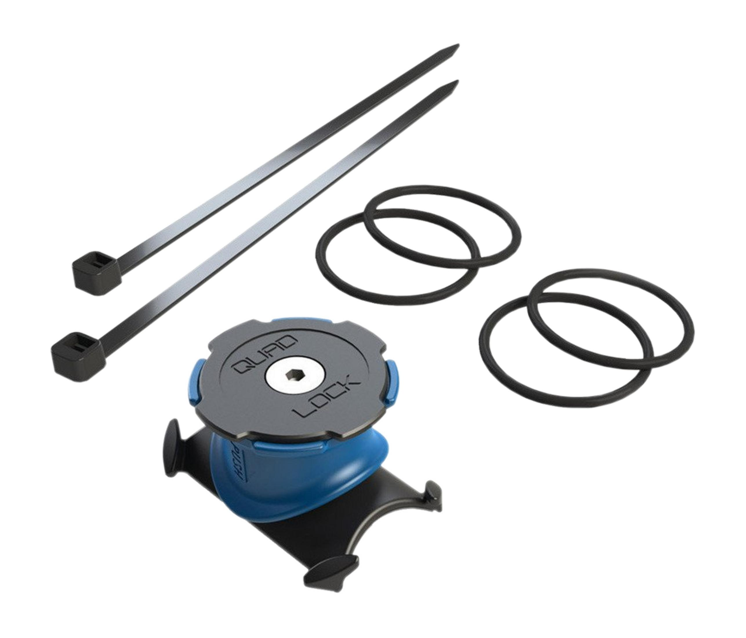 Quad Lock Handyhalterung mit Kabelbindern und Gummiringen auf weißem Hintergrund.