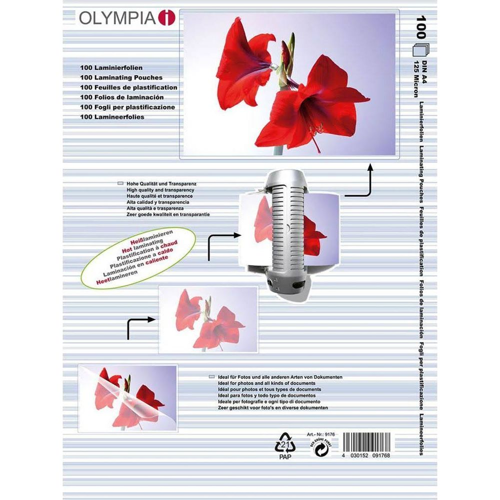 Olympia-Verpackung mit roten Blumen, Lamine rfolien und einem Laminiergerät.