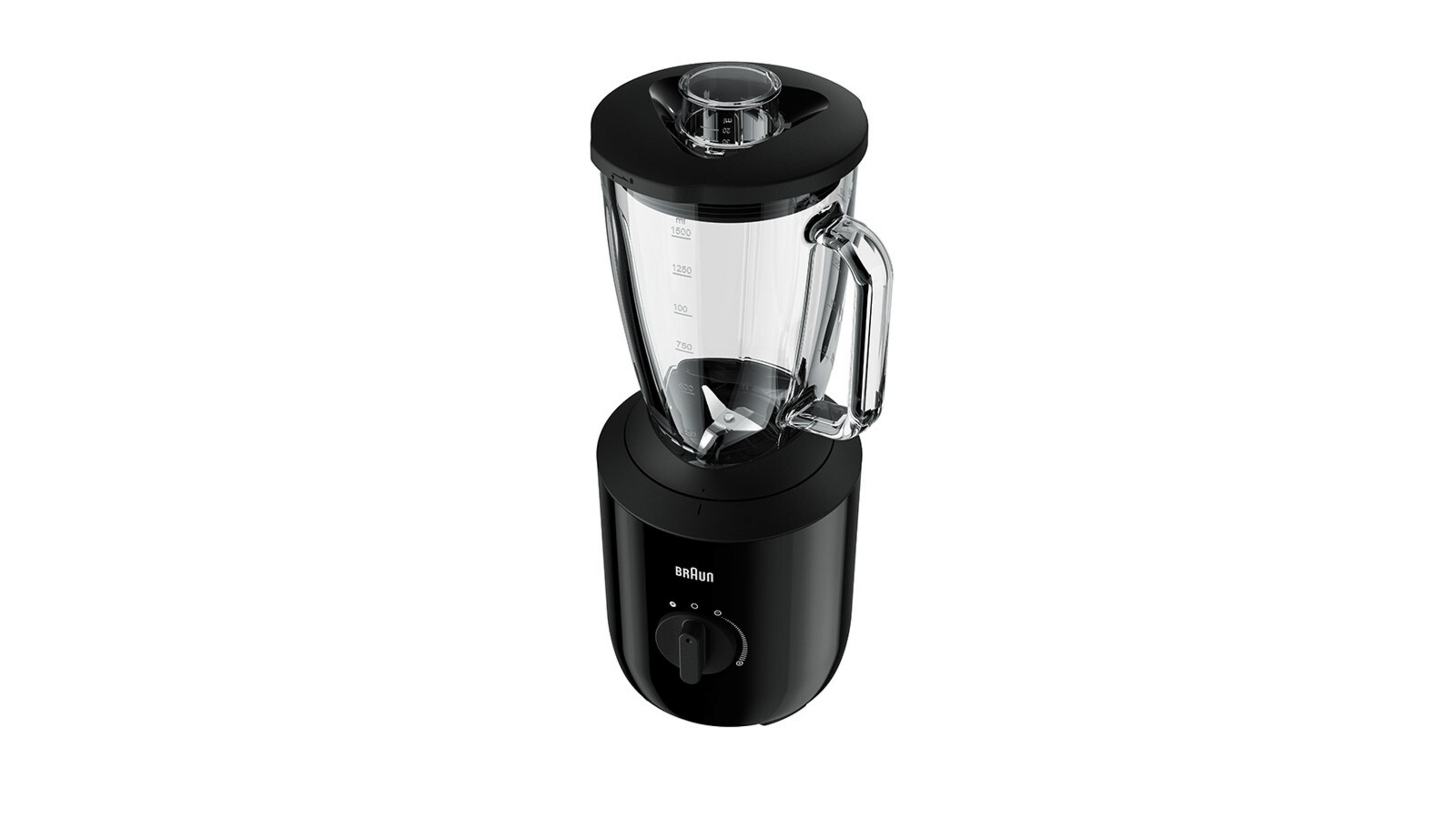 Schwarzer Standmixer mit Glasbehälter und Messskala.