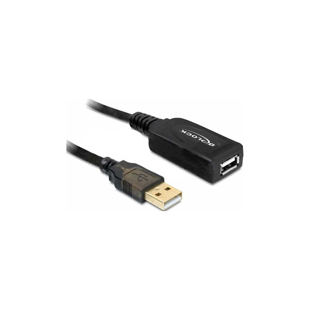 Zwarte USB-kabel met mannelijke stekker en vrouwelijke socket.