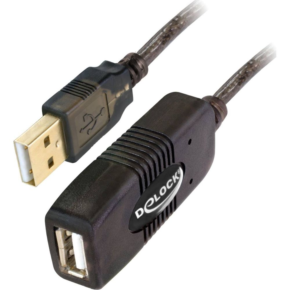 Een zwarte USB-verlengkabel met een mannelijke en een vrouwelijke connector.