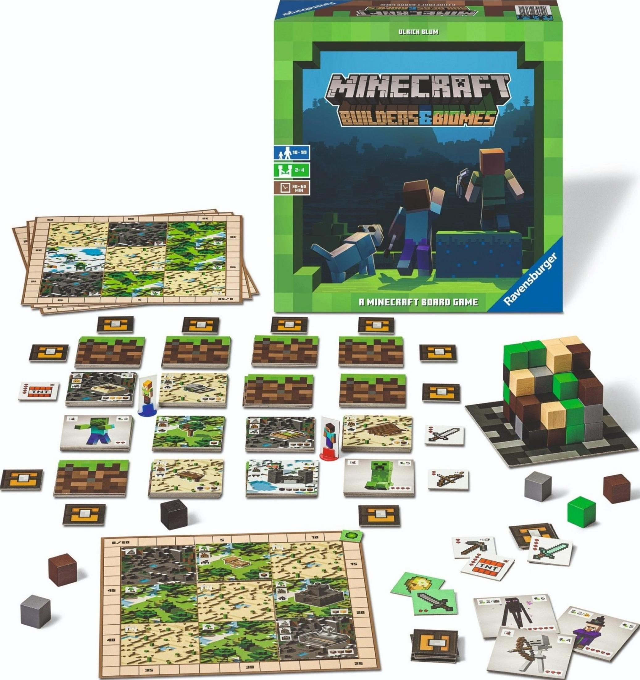 Gra planszowa Minecraft Builders & Biomes z figurkami, kartami i klockami.