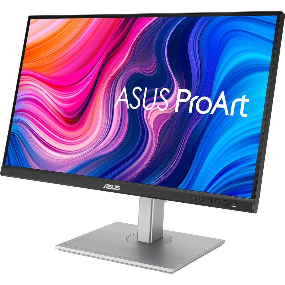 Monitor ASUS ProArt z kolorowym, abstrakcyjnym tłem i srebrną podstawą.