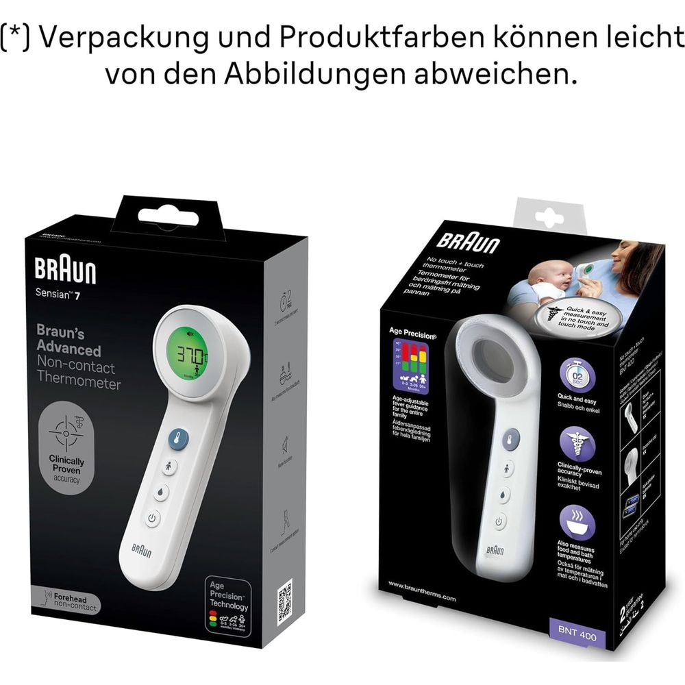 Dwa pudełka termometru Braun na białym tle. Po lewej Sensian 7, po prawej BNT 400. Oba pokazują termometr.