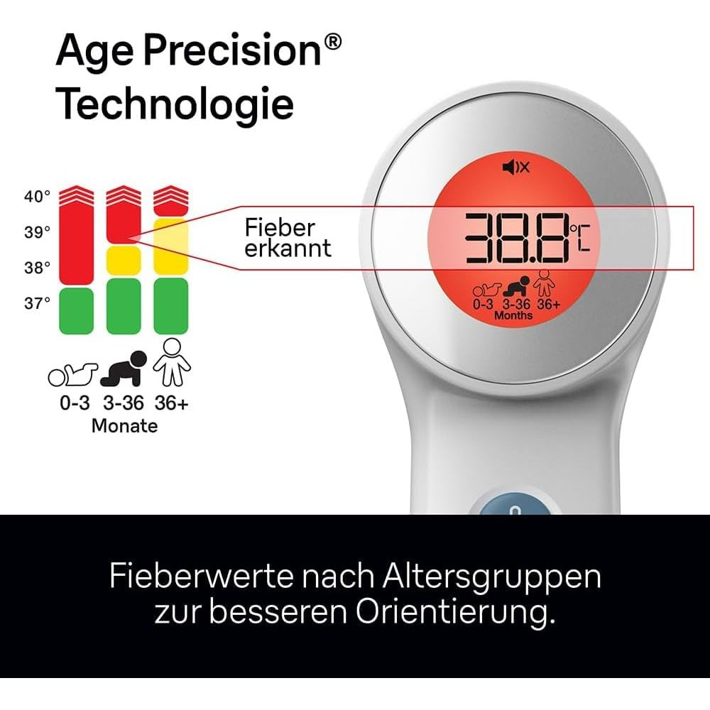 Termometr z technologią "Age Precision" pokazuje 38.8°C.