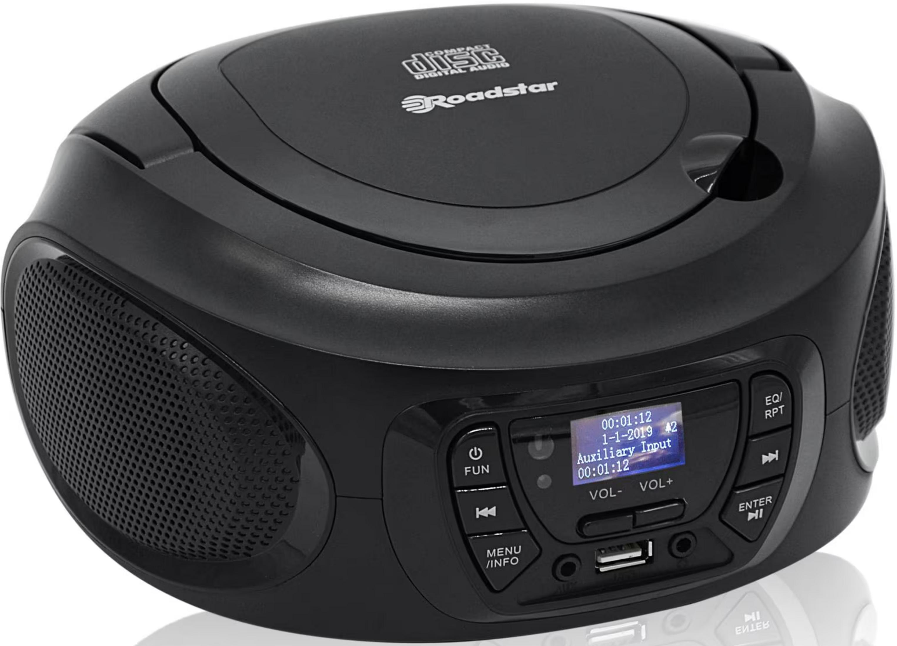 Reproductor de CD Roadstar negro con pantalla, altavoces y botones.