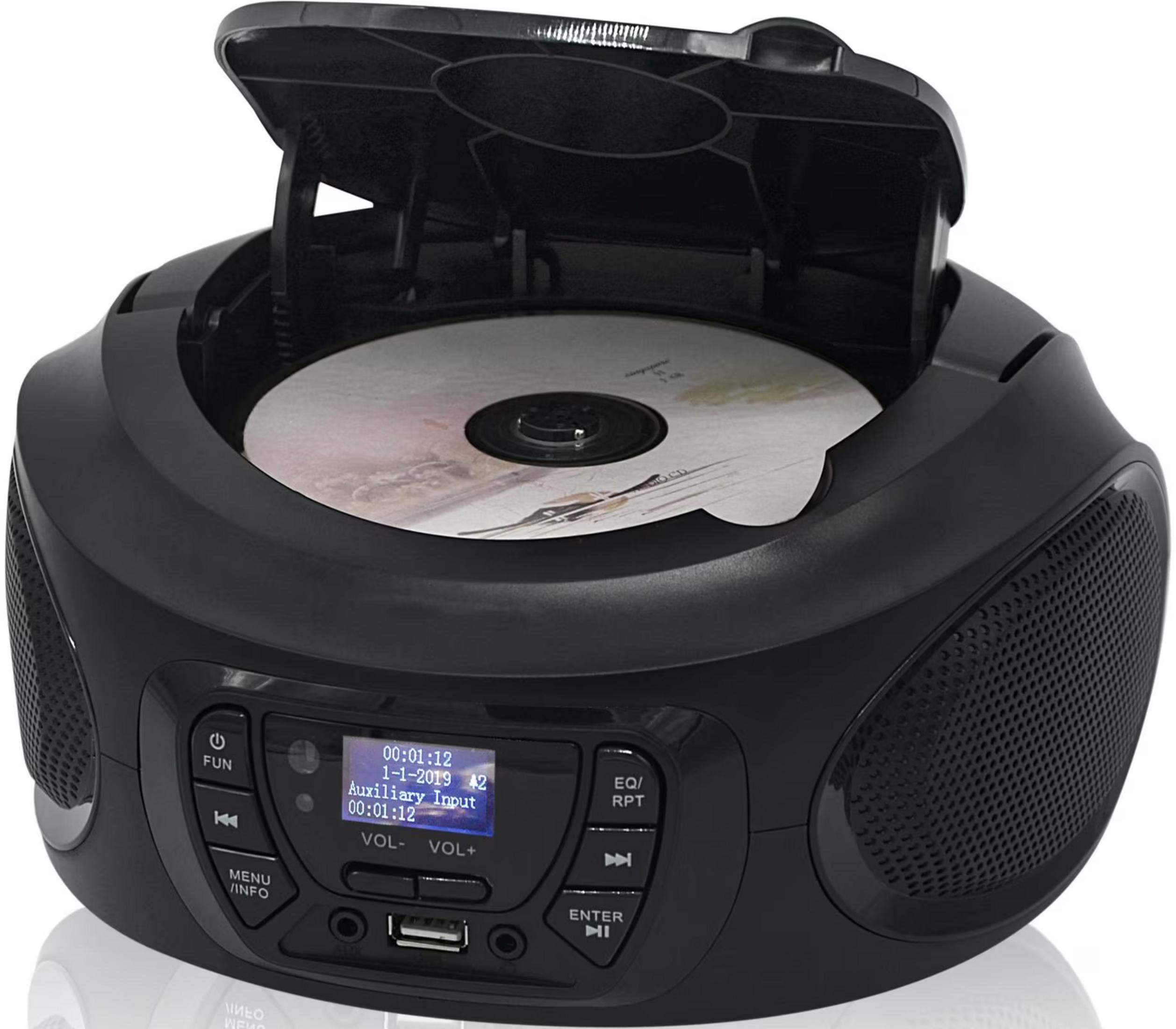 Reproductor de CD negro con tapa abierta, CD dentro. Pantalla muestra hora y fecha.