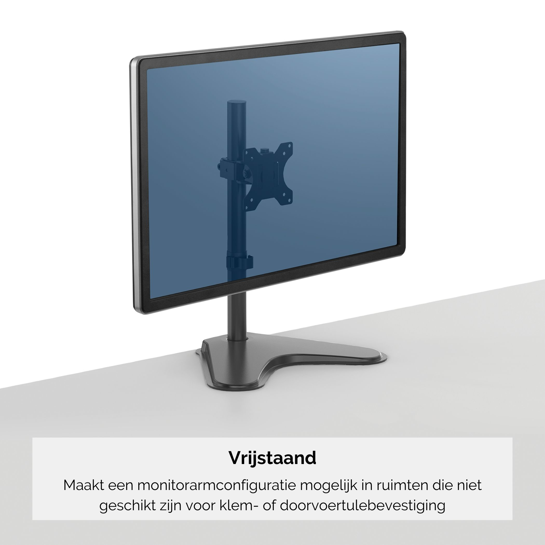 Wolnostojący monitor z czarnym stojakiem i mocowaniem.