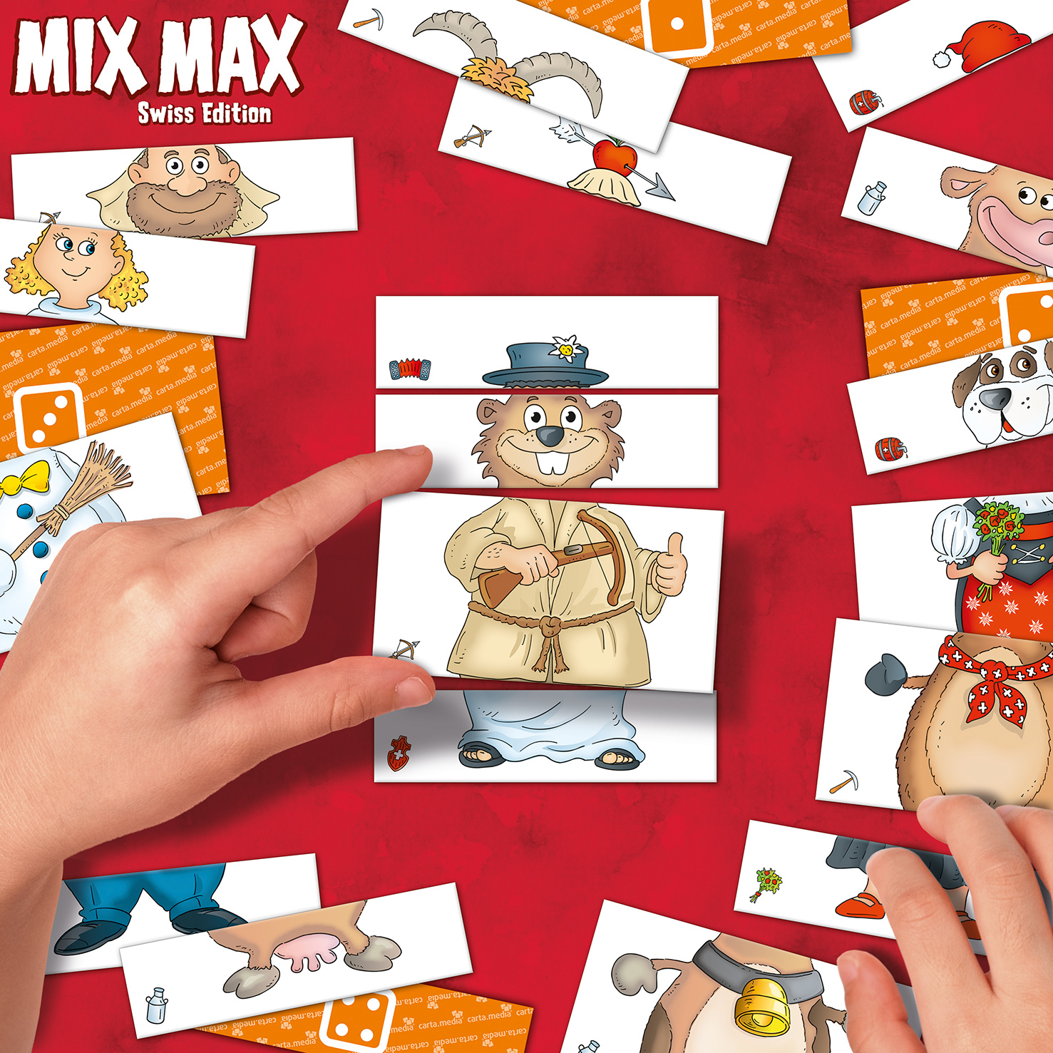 Carte da gioco con personaggi dei cartoni animati e dadi su sfondo rosso.
