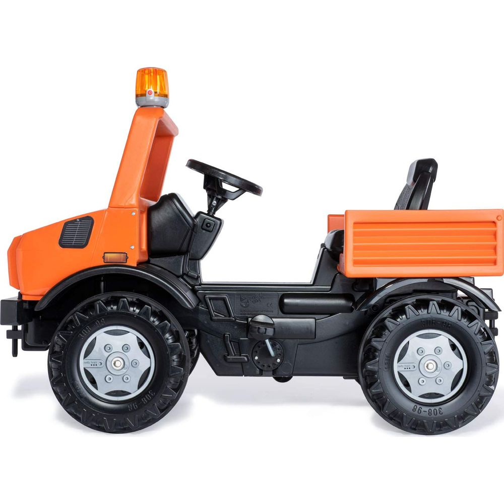 Orangefarbener Spielzeug-Traktor mit schwarzem Lenkrad, Sitz und Ladefläche.
