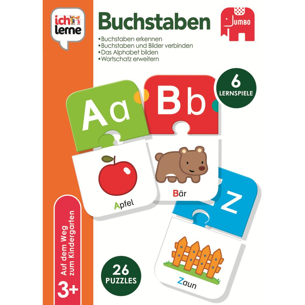 Puzzle-Set mit Buchstaben, Apfel, Bär und Zaun. Für Kinder ab 3 Jahren.
