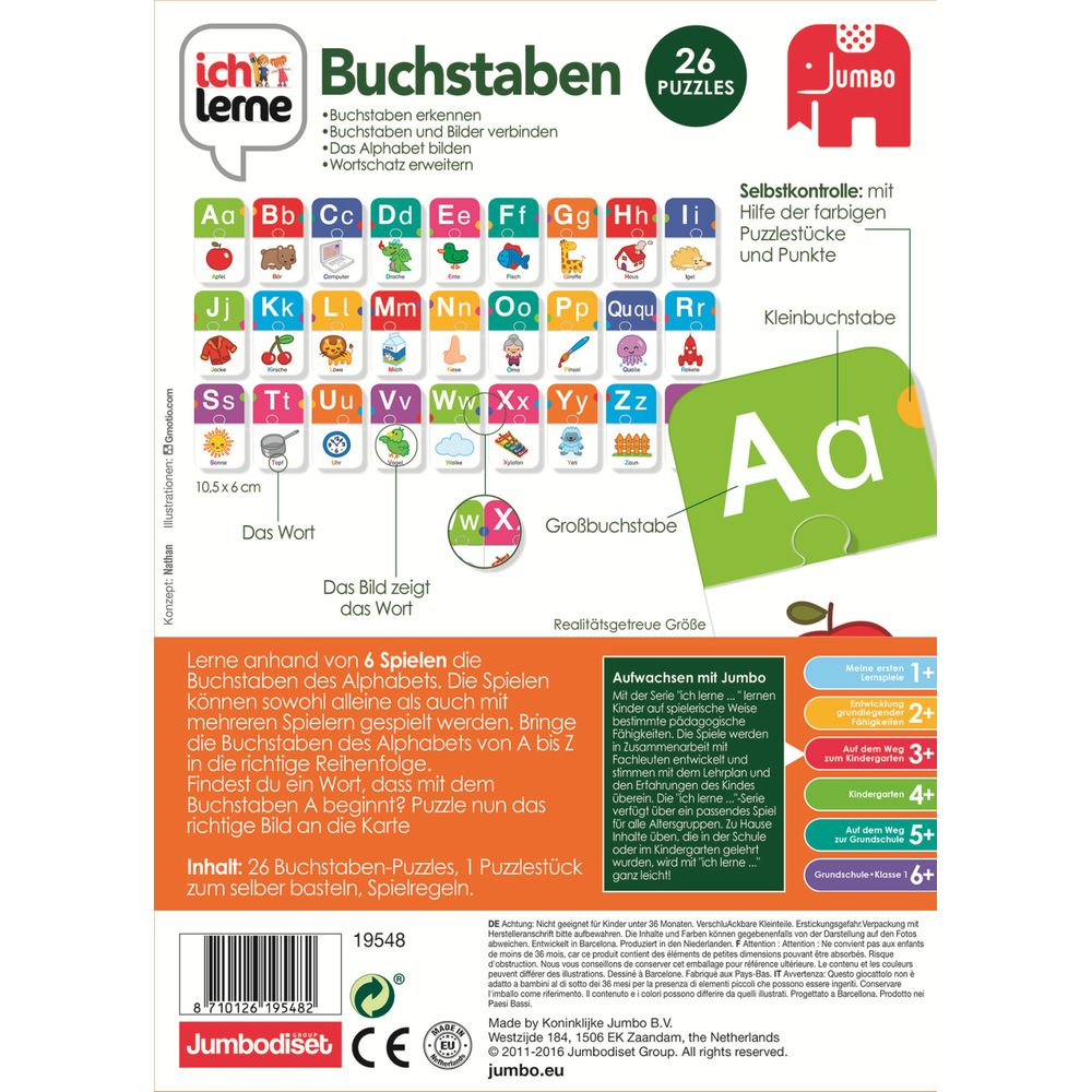 Ein Kartenspiel mit Buchstaben-Puzzles für Kinder, zeigt das Alphabet von A-Z.