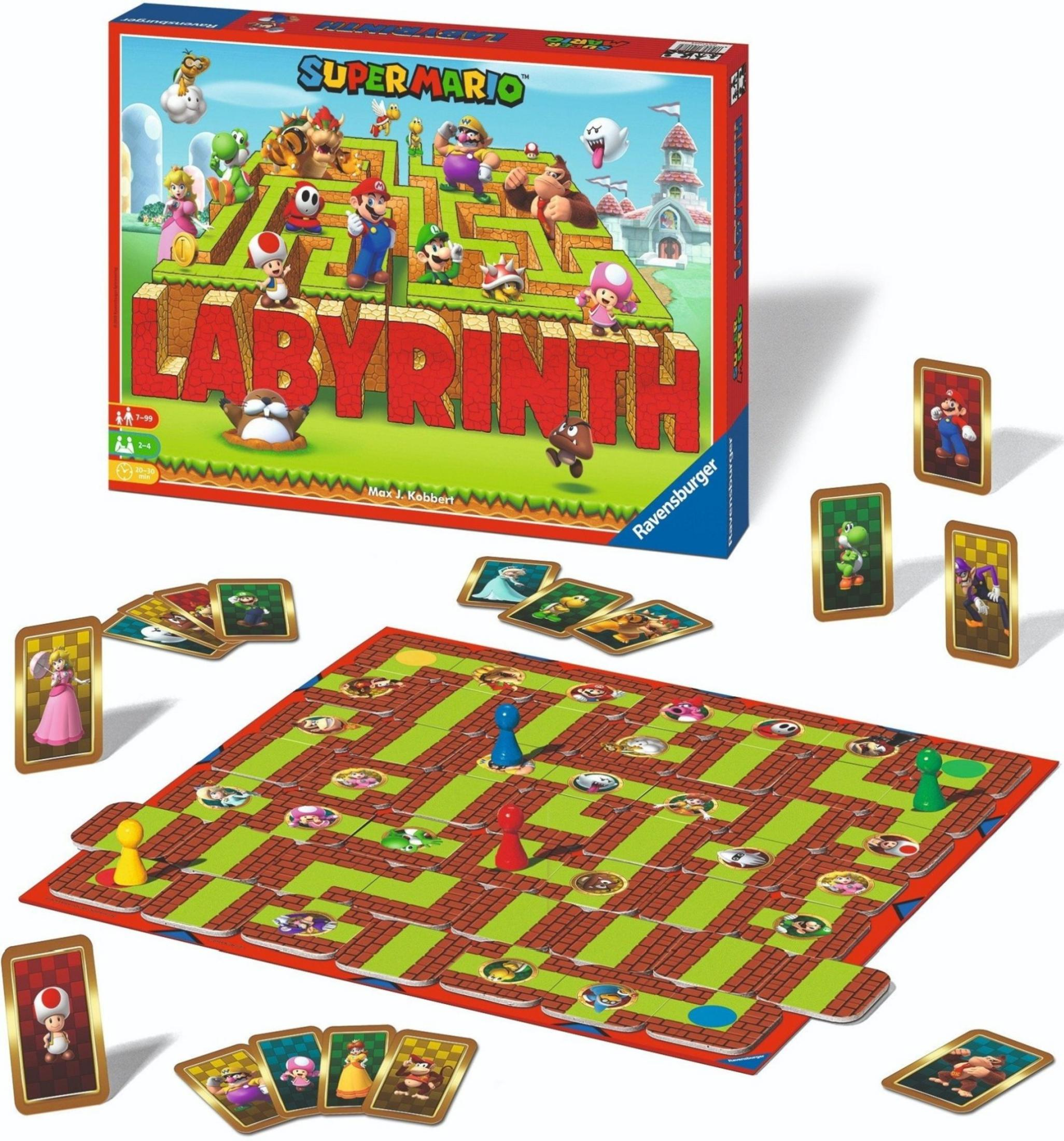 Gra planszowa Super Mario Labyrinth z figurkami i kartami. Pudełko pokazuje postacie.