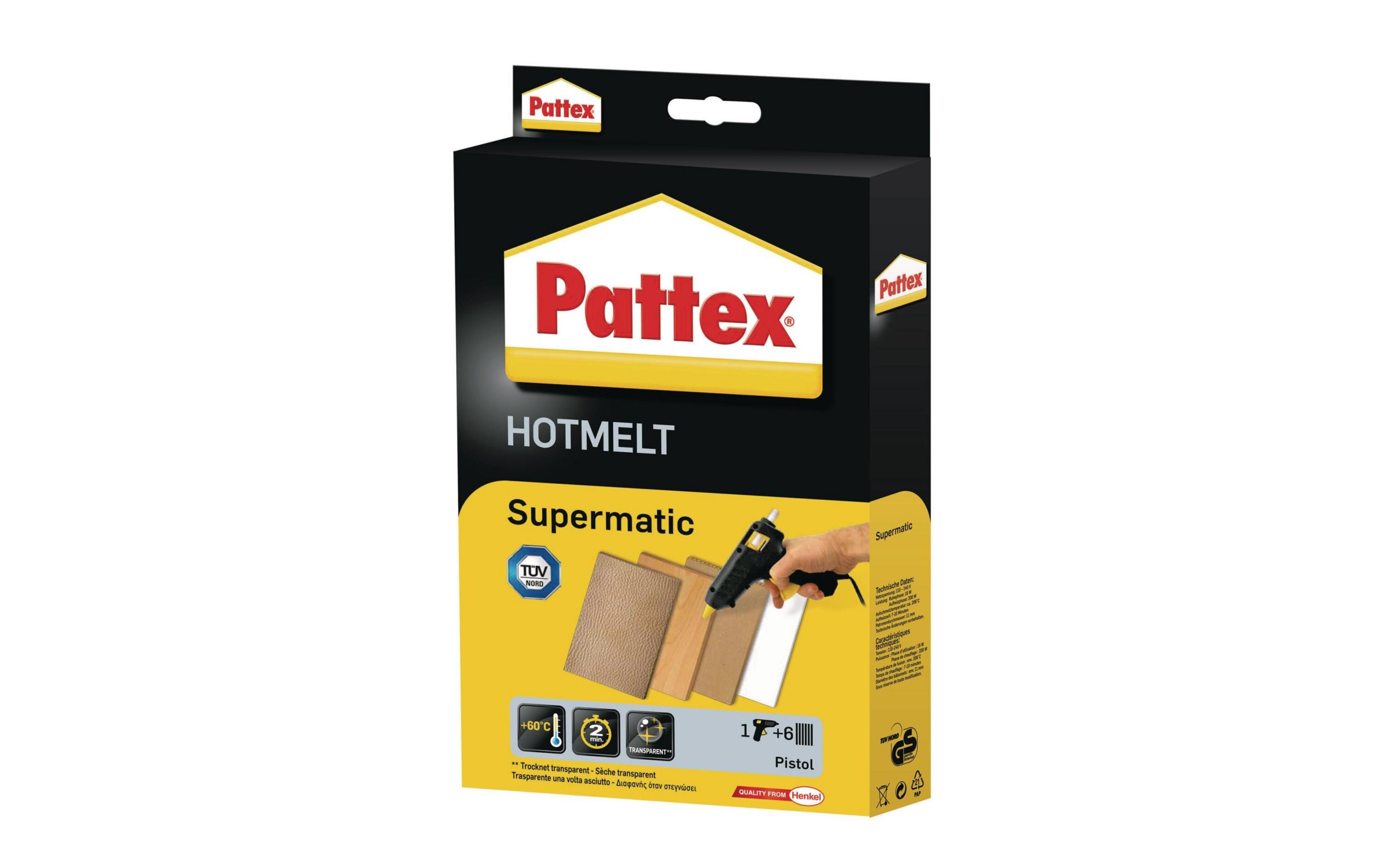 Verpackung von Pattex Supermatic Heißklebepistole mit Klebesticks.