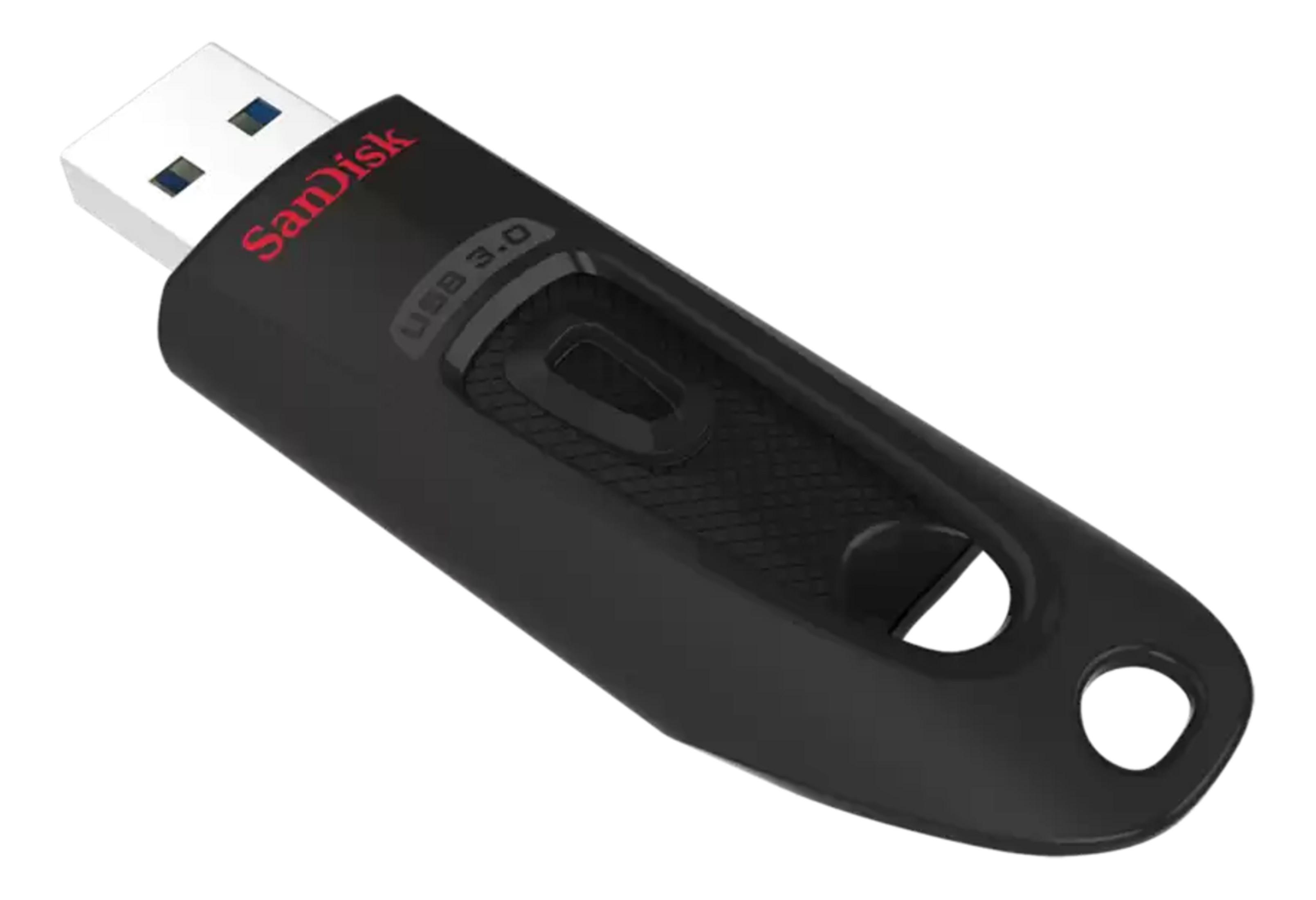 Black SanDisk USB 3.0 flash drive with red logo and silver connector.